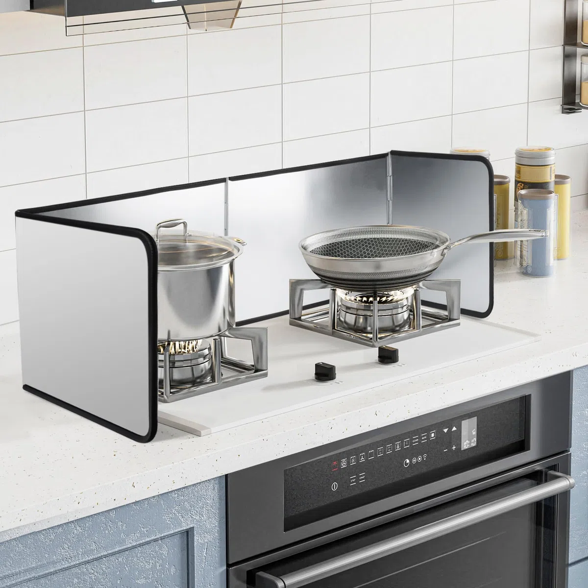 Pannello Paraschizzi Cucina Padella, 4 Lati Antiaderente Paraschizzi Parete Cucina Pieghevole, Protezione Protezione Schizzi di Olio per Cucine a Gas e Padella(76x29x30cm