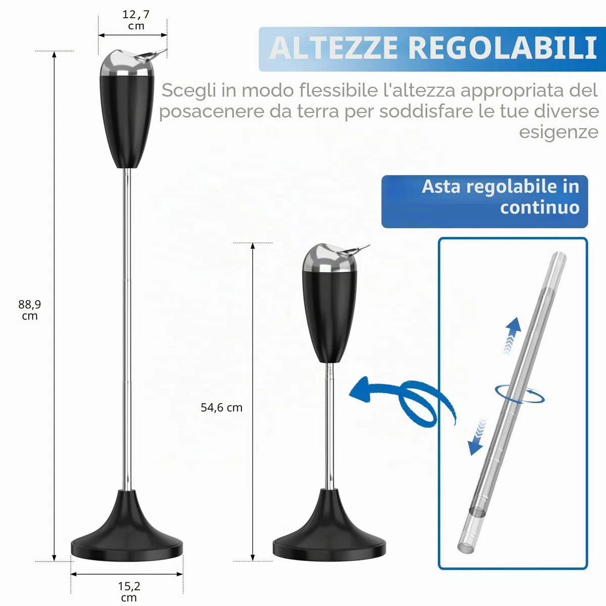 RELIANCER Posacenere da pavimento con coperchio, regolabile in altezza da 54,6 cm a 88,9 cm, in acciaio inox, contemporaneo, autopulente, telescopico, posacenere per sigarette, posacenere alto da