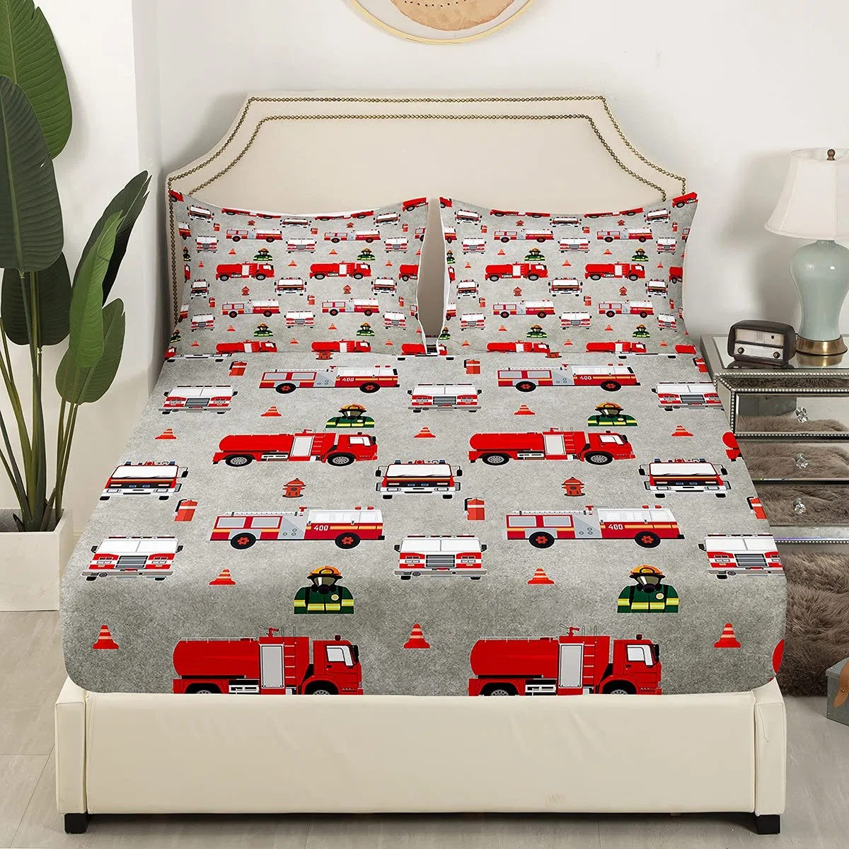 Loussiesd Set di lenzuola per bambini con vigili del fuoco e vigili del fuoco, lenzuolo sotto con angoli 90 x 200 cm, motivo: auto dei pompieri rosso, con 1 federa