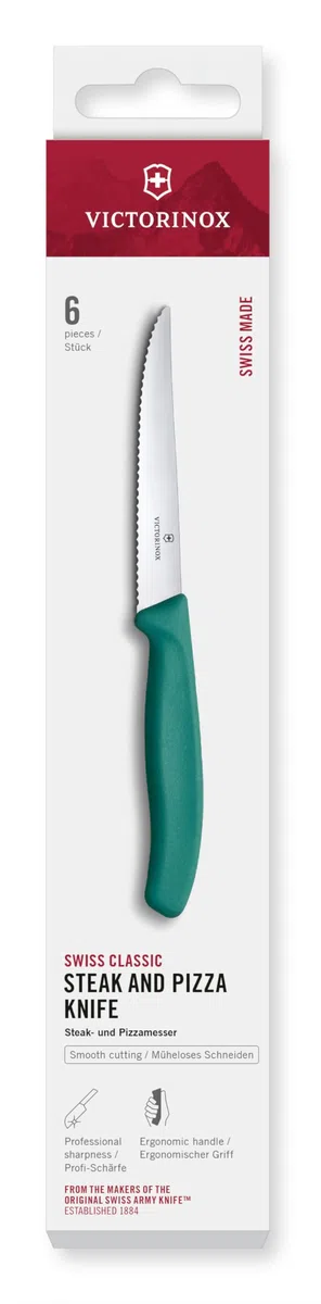 Victorinox Set di Coltelli Bistecca e Pizza Professionali Swiss Classic, 6 Pezzi, Coltelli da Tavola, Lame Affilate Ondulate, 11 cm, Manici in Plastica, Verde