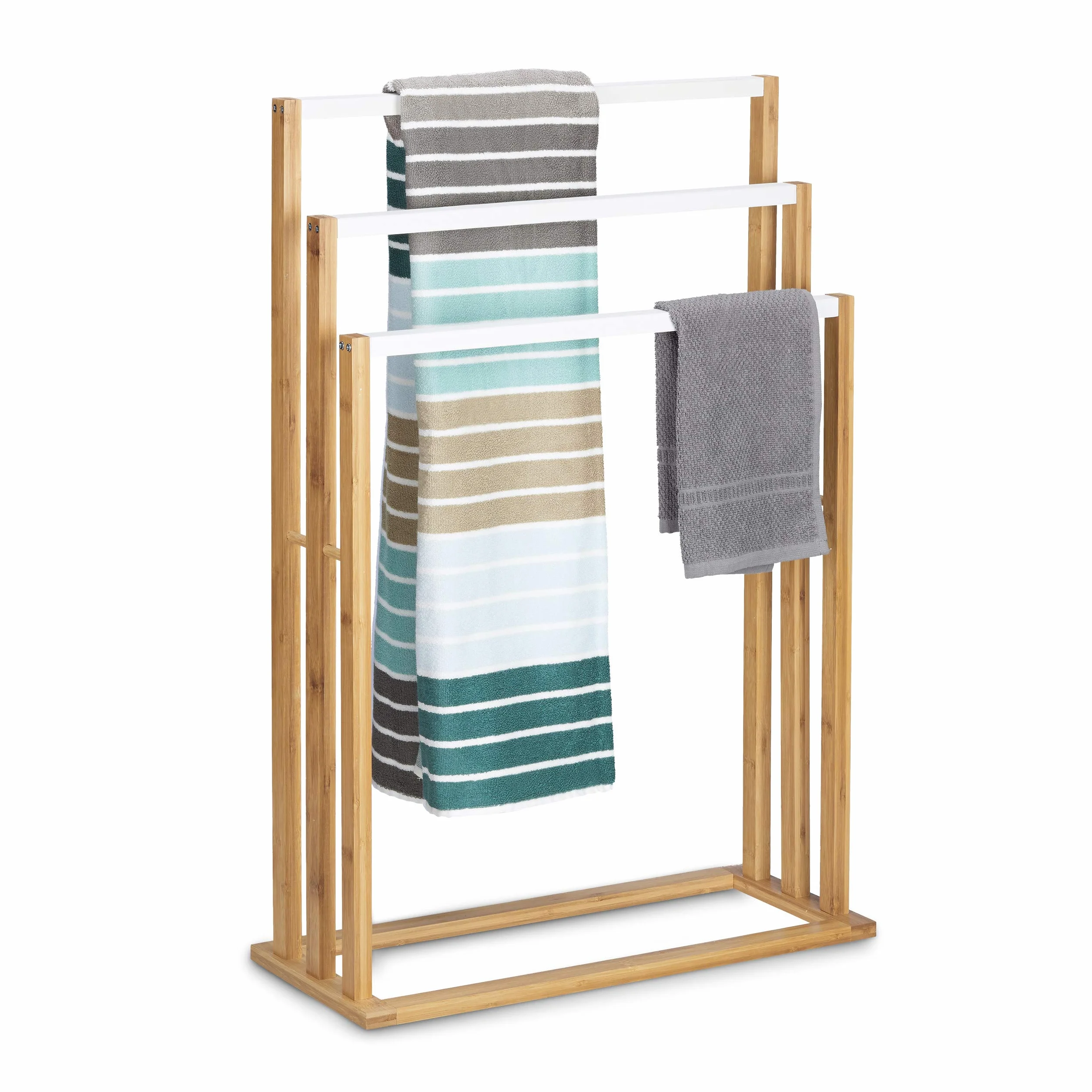 Relaxdays Porta Asciugamani da Terra in Bambù, HLP: 82 x 54 x 24 cm, Portasciugamani da Pavimento Autoportante, Marrone
