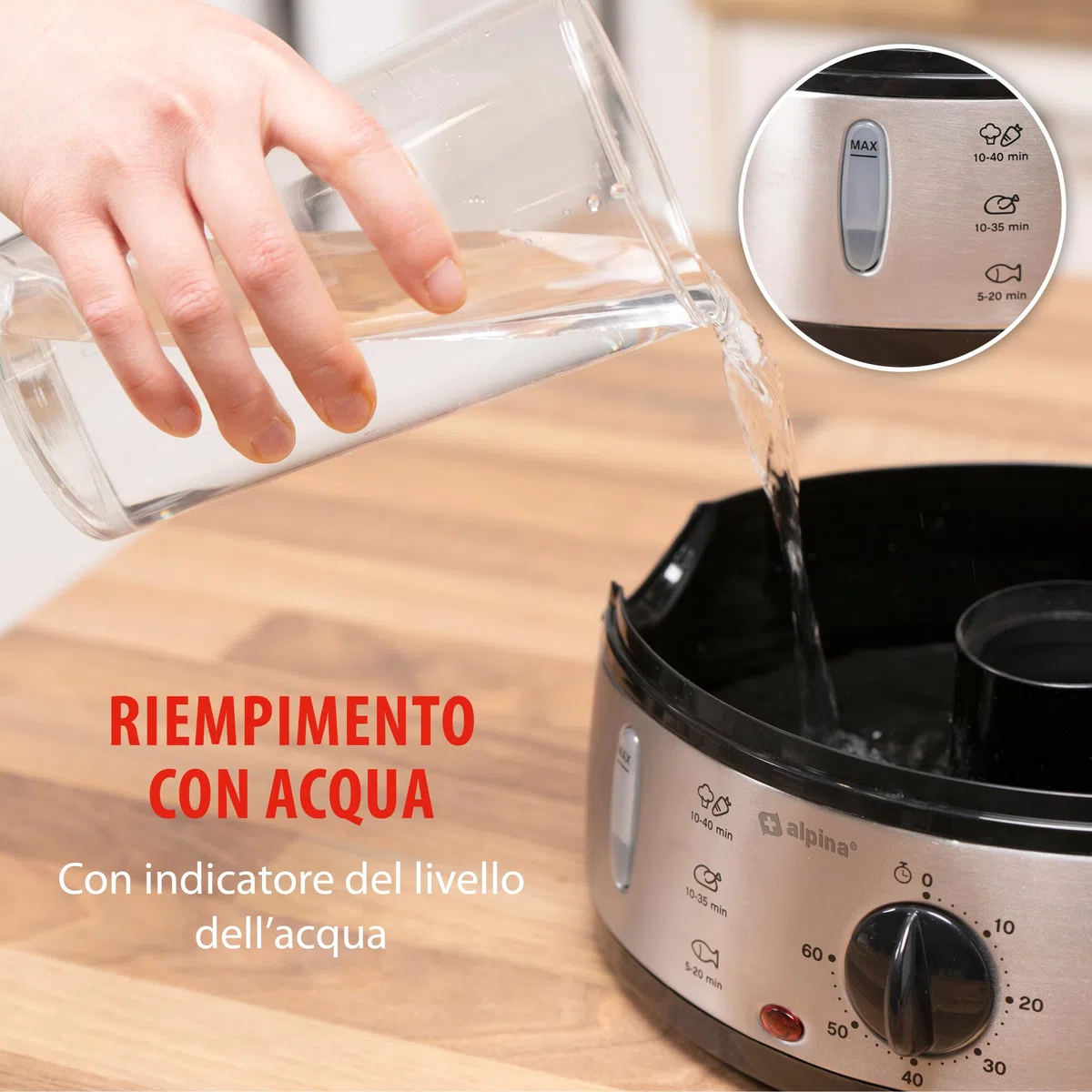 alpina Vaporeira Elettrica - Pentola a Vapore 800W - Steamer Vapore 3 Strati - Vaporiere Elettriche Senza BPA - Lavabile in Lavastoviglie - Da 0 a 60 Minuti - Capacità 9L - Grigio