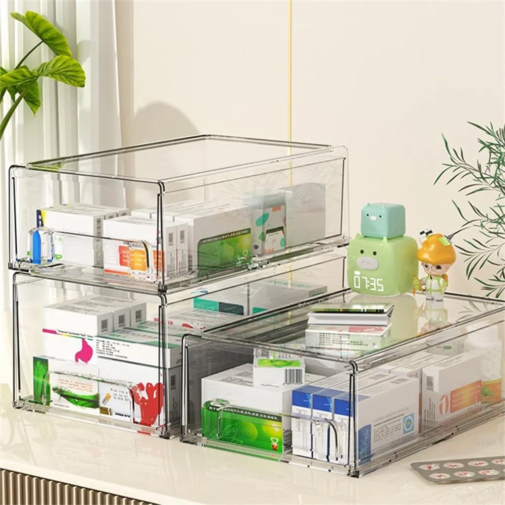 2 Pezzi Grande Organizer Cosmetico in Acrilico, Organizer Trucchi Cassetti Trasparente, Contenitori per Frigorifero con Cassetto Estraibile per Cosmetici, Bagno, 33,5 x 20,5 x 11 cm
