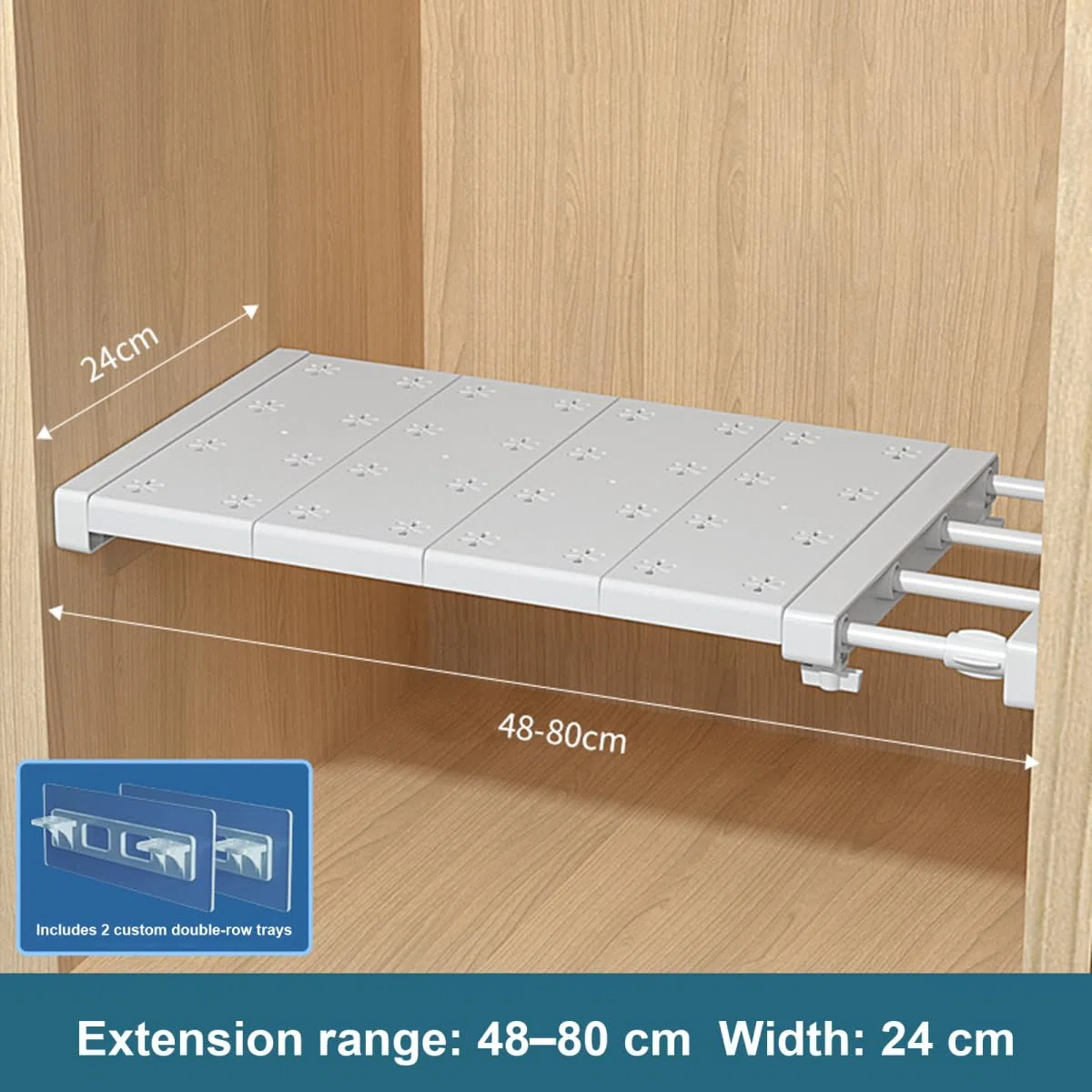 Scaffale estensibile per armadio, organizer telescopico regolabile, ripiani estensibili per camere da letto, bagni, armadi, scarpiere, lunghezza 48-80 cm, larghezza 24 cm