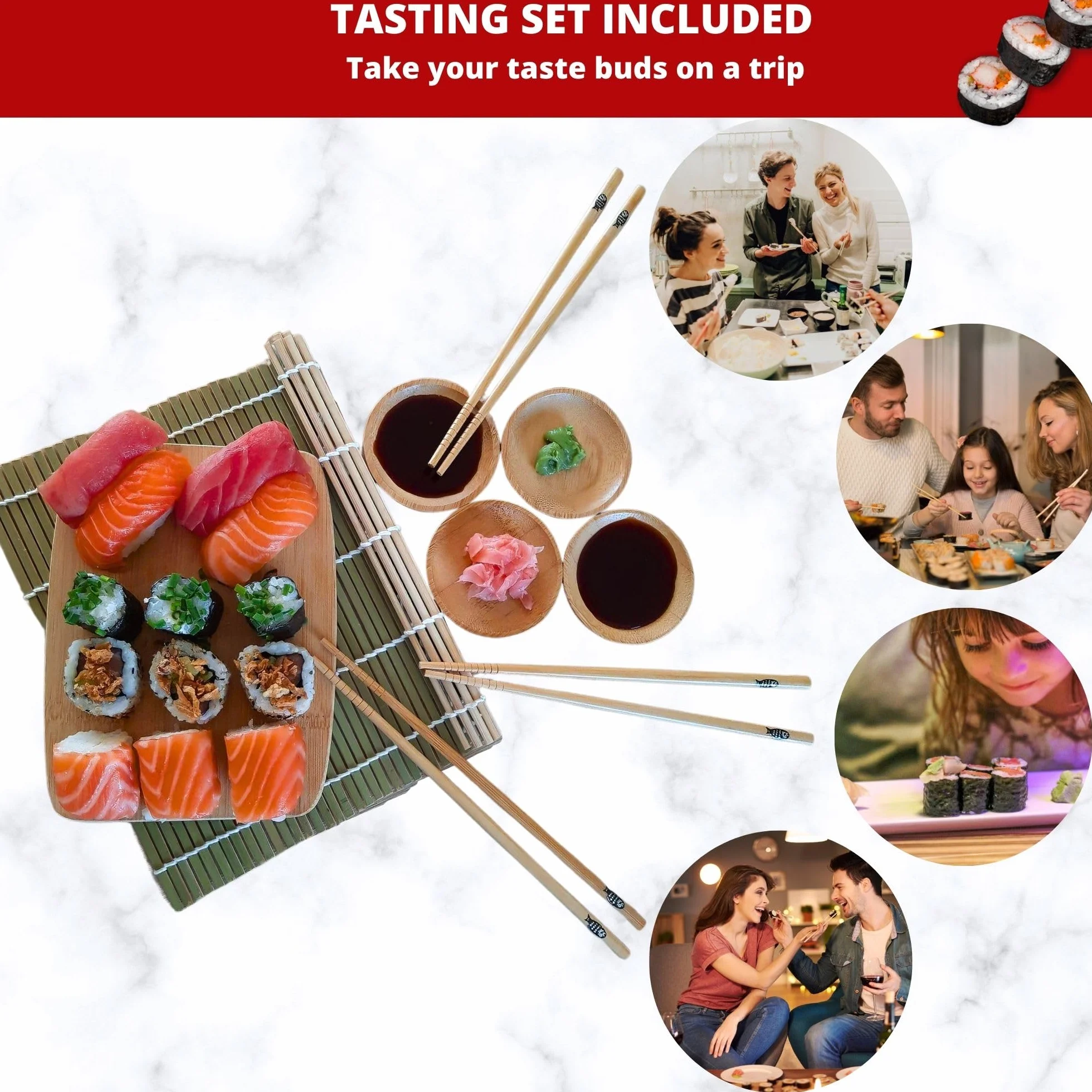 Kit sushi maki maker completo – Apparecchio per produzione di sushi makis – Cofanetto con stuoia in bambù, coltello giapponese, bacchette, stampo per maki, senza BPA – idea regalo uomo donna