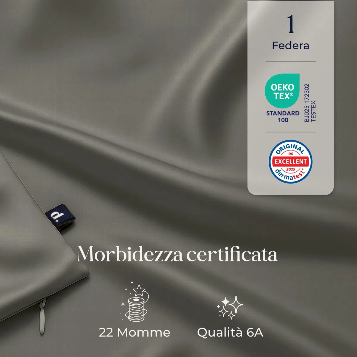 Dreamzie Federa in Seta 100% di gelso 40 x 80 cm – 22 Momme, Grado 6A, Certificata Oeko-Tex – Lusso per Capelli e Pelle, 1 Pezzo (Grigio Scuro)