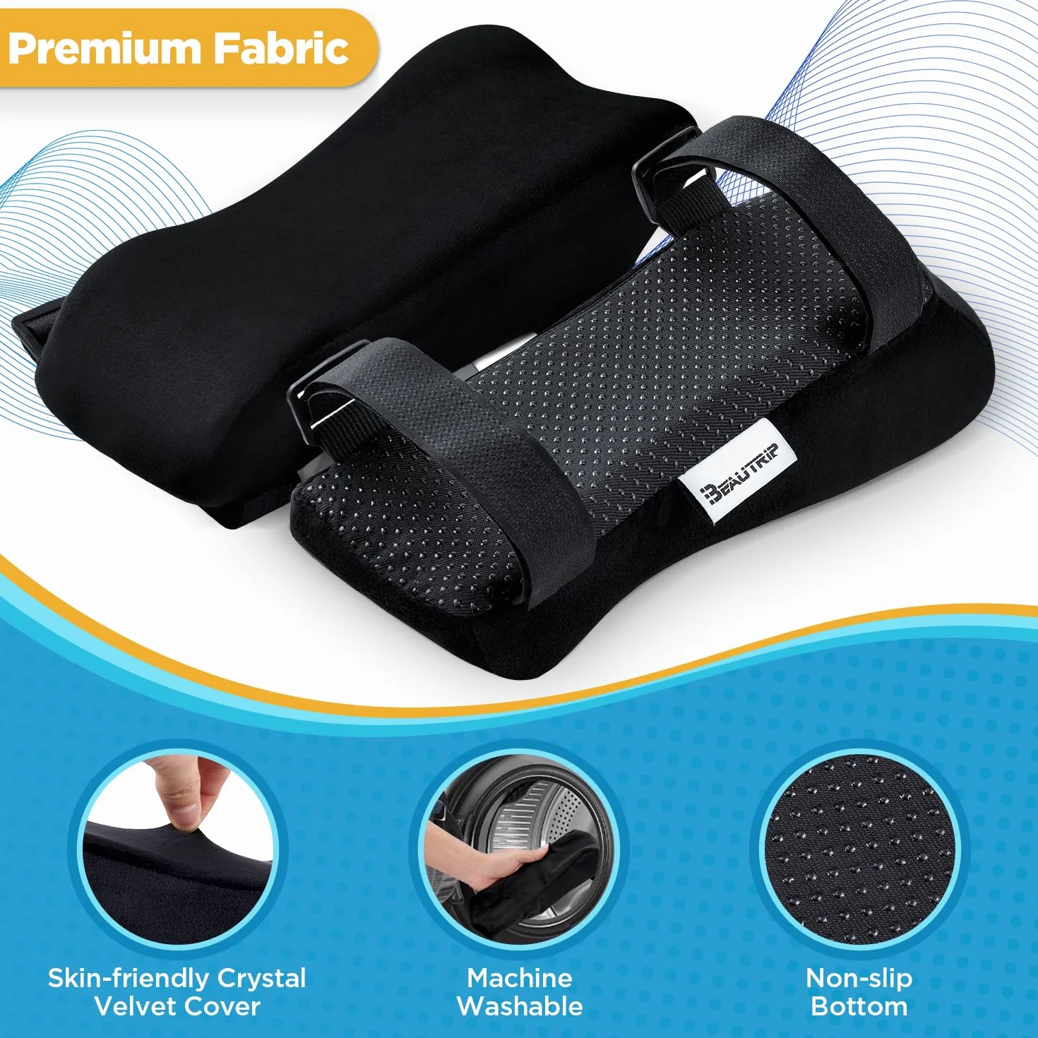 BEAUTRIP, Cuscinetti ergonomici per braccioli, per sedia da ufficio, cuscino di supporto per gomito, per computer, gaming e sedie da scrivania (set di 2) (nero con gel_velluto)