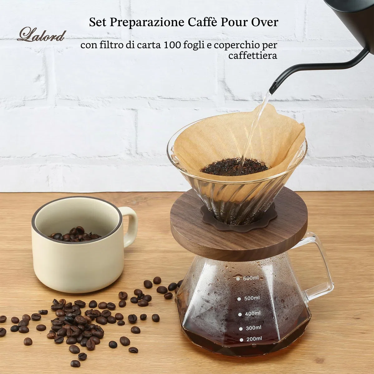Lalord Caffettiera Pour Over, Caraffa in Vetro Borosilicato da 600 ml con 02 Carta Filtro, 100 pcs, Manico in Noce e Coperchio per Caffettiera