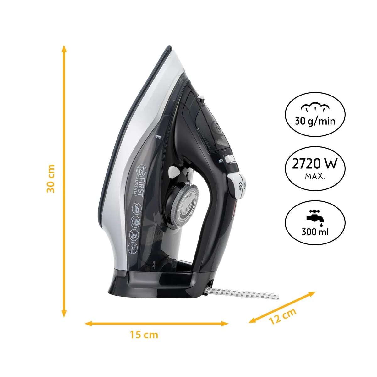 Ferro da stiro a vapore TZS First Austria I 2290-2720 W I piastra in ceramica I autopulizia I vapore verticale I anticalcare I stiratura a secco I serbatoio dell'acqua da 0,3 l I 1,2 kg