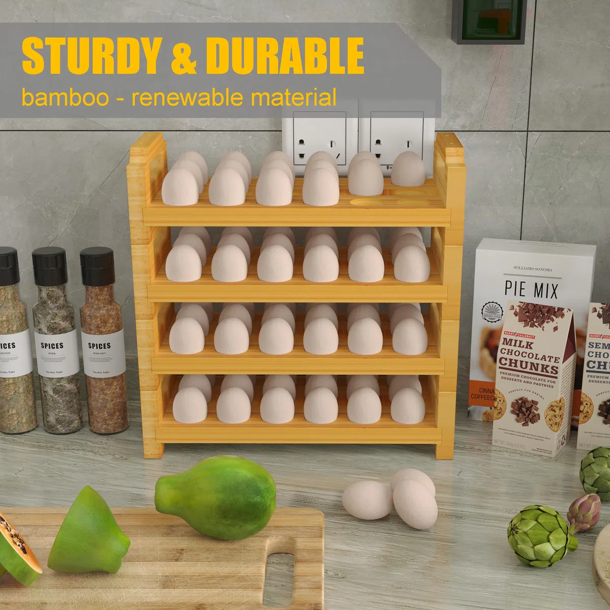 Portauova in bambù, design impilabile per 36 uova, vassoio per uova fresche della fattoria, organizer da cucina in legno, adatto per uova di quaglia, anatra, tacchino e gallina