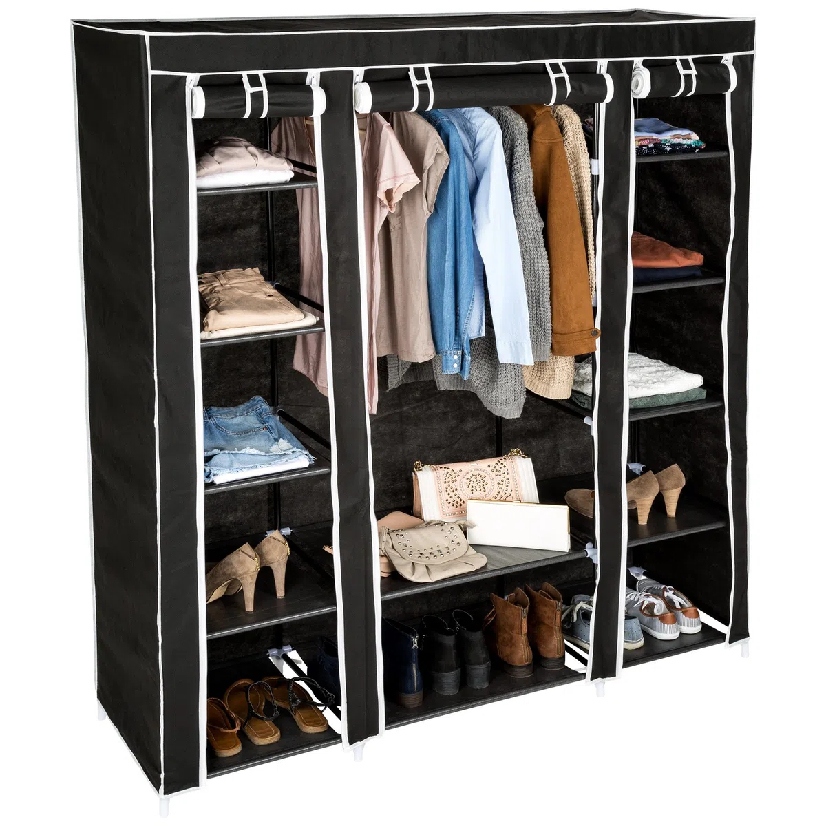 TecTake Armadio guardaroba pieghevole cabina in tessuto e asta appendiabiti | 12 scomparti | 150 x 175 x 45 cm | -disponibile in diversi colori- (Nero | no. 402528)