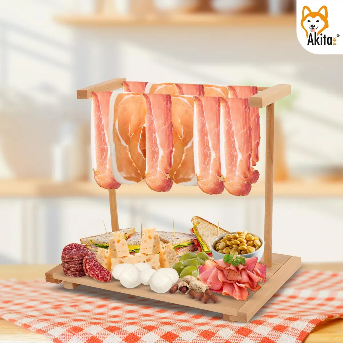 AKITAInk Tagliere per Aperitivo, appendi prosciutto in Legno di faggio, Tagliere con Stand Appendi Affettati, Vassoio per Salumi, Formaggi Ideale per Aperitivi, Apericena Made in Italy (49x27x33 cm)