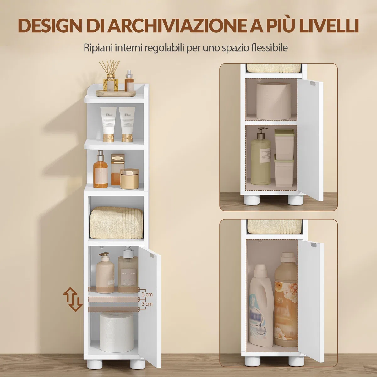 Mobile da Bagno, Mobiletto Bagno Salvaspazio, Design a Doppia Zona Aperta e Chiusa, Ripiani Regolabili, 20 x 20 x 90,5 cm, Bianco FFBC011PW1