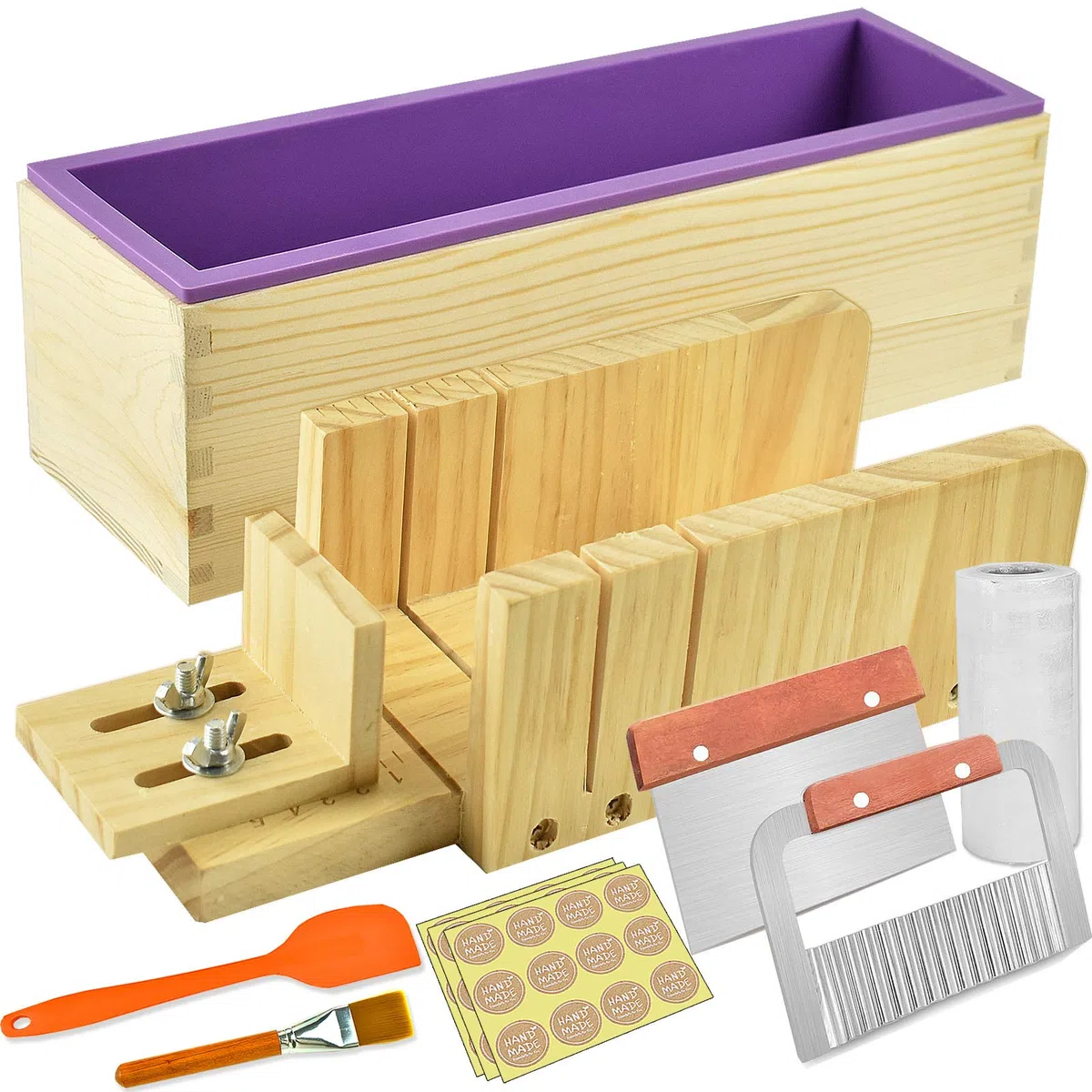 Artcome Kit di stampi per tagliare il sapone per pagnotta, multifunzione, regolabile, in legno, set di stampi rettangolari in silicone con taglierina ondulata e dritta in acciaio inossidabile