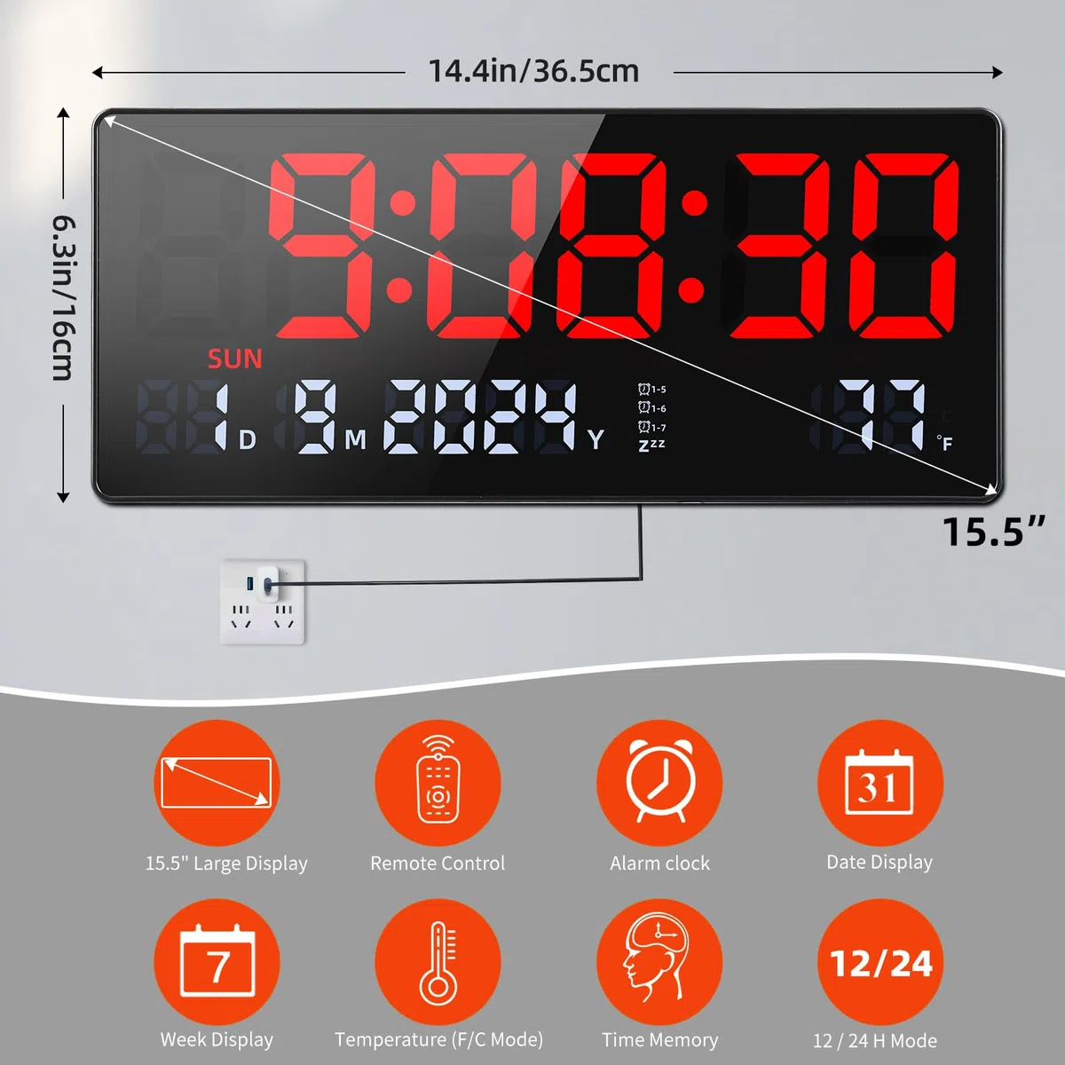 Fuloon Orologio da Parete Digitale, 15.5" Grande LED Orologio da Parete Digitale con Calendario, Secondi, Temperatura, Data, Settimana, LED Sveglia da Tavolo con Supporto per Soggiorno Cucina Ufficio