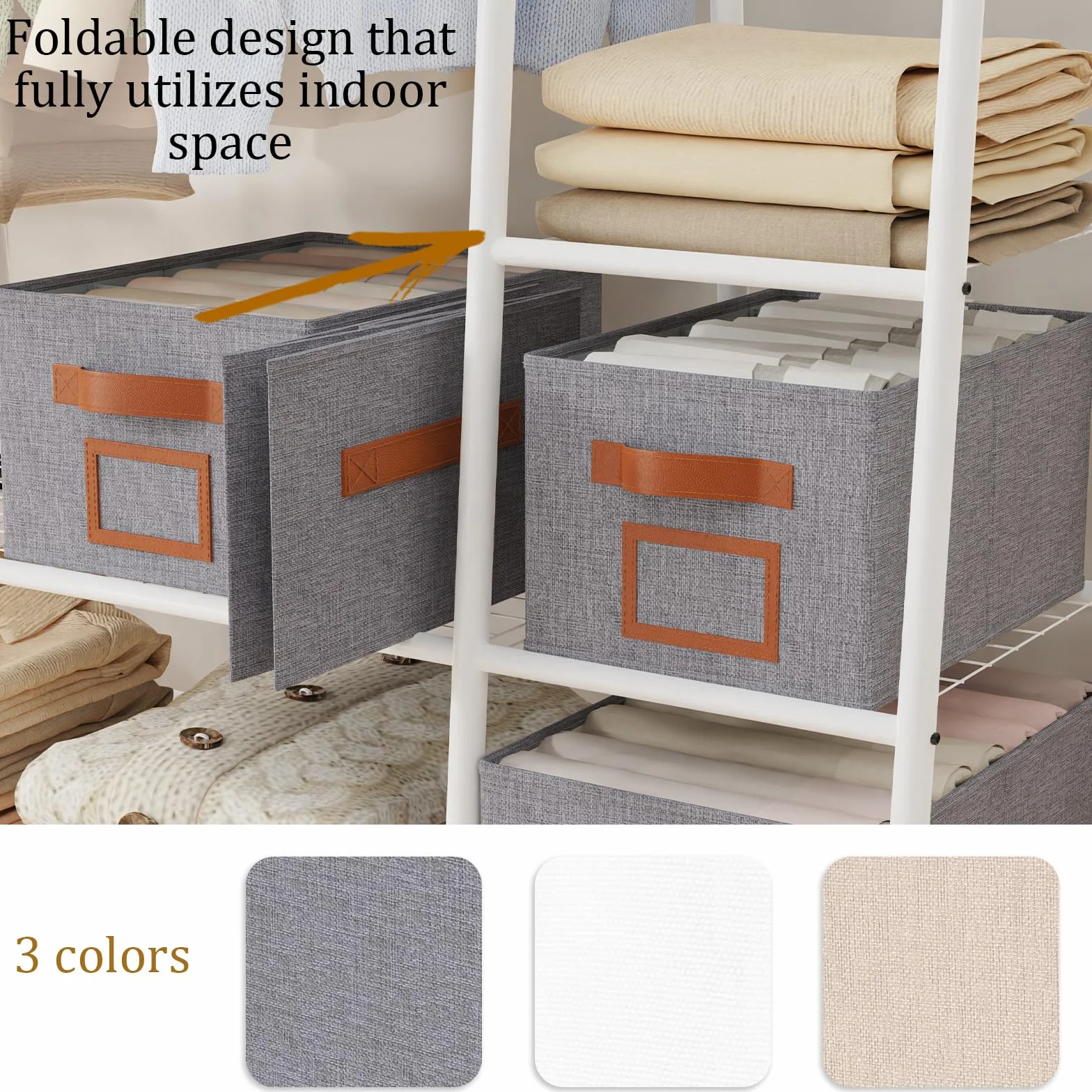 OUTBROS Jeans Organizer Armadio, 3 Pezzi Impilabile Cubi Cassetti, Pieghevole Divisori Contenitori, Scatole Portaoggetti con 7 Scomparti, per Pantaloni, Coperta, Maglione, Grigio