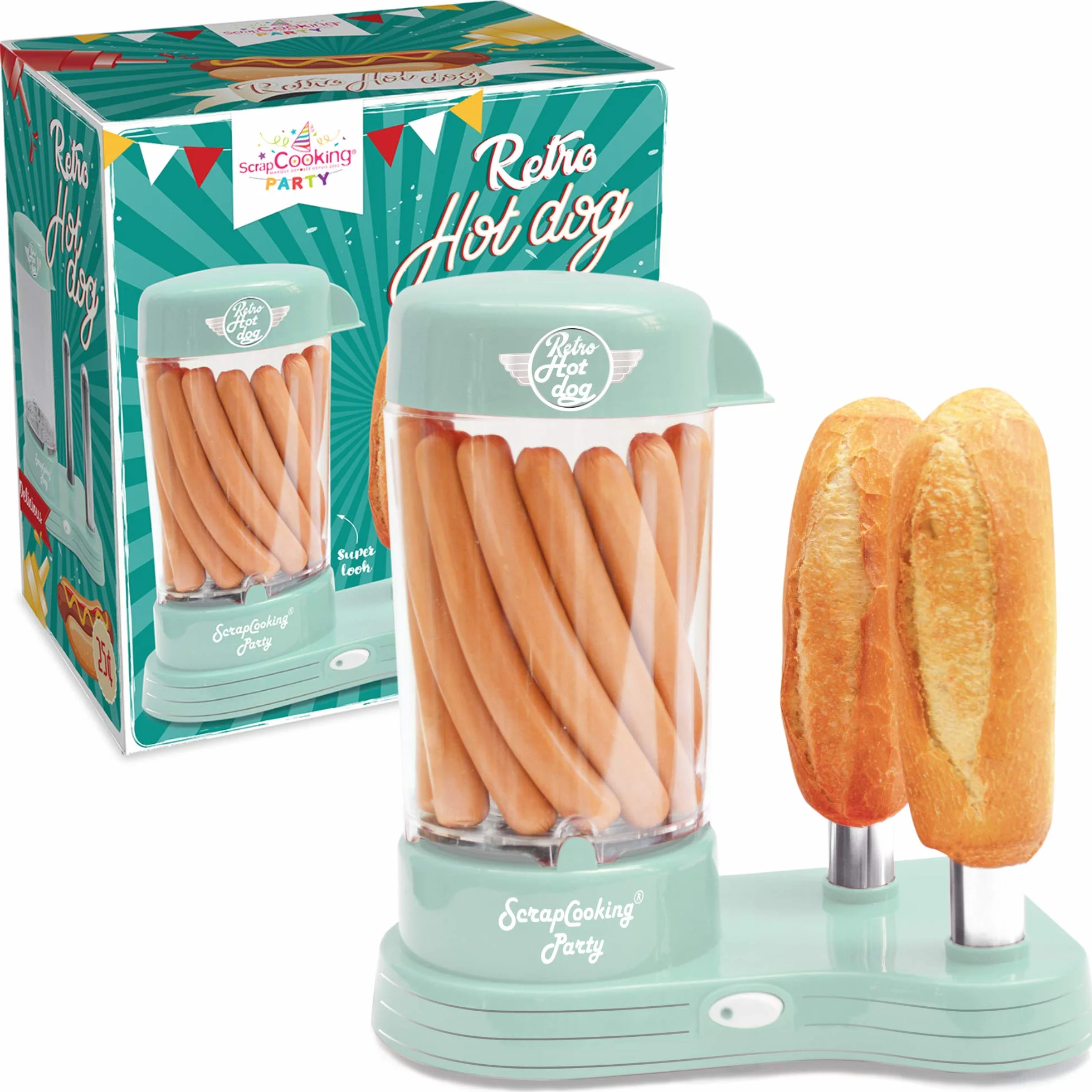ScrapCooking - Macchina per Hot Dog - Cuoci Wurstel per Creare Veri Hotgog Americani - Capacità 12 Salsicce & 2 Panini, Stile Vintage Vintage per Serate Barbecue Feste Sagre - Verde