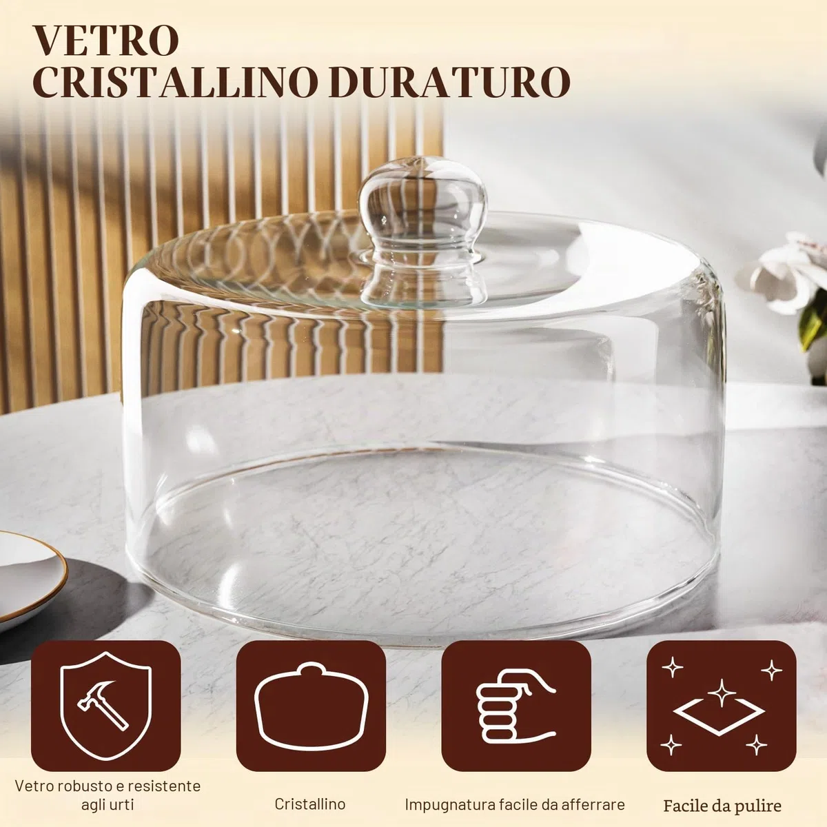 Copertura per torta in vetro da 27,9 cm, per alzata per torte, trasparente con coperchio a cupola in vetro per esposizione e protezione, adatta per cucina, compleanni e matrimoni