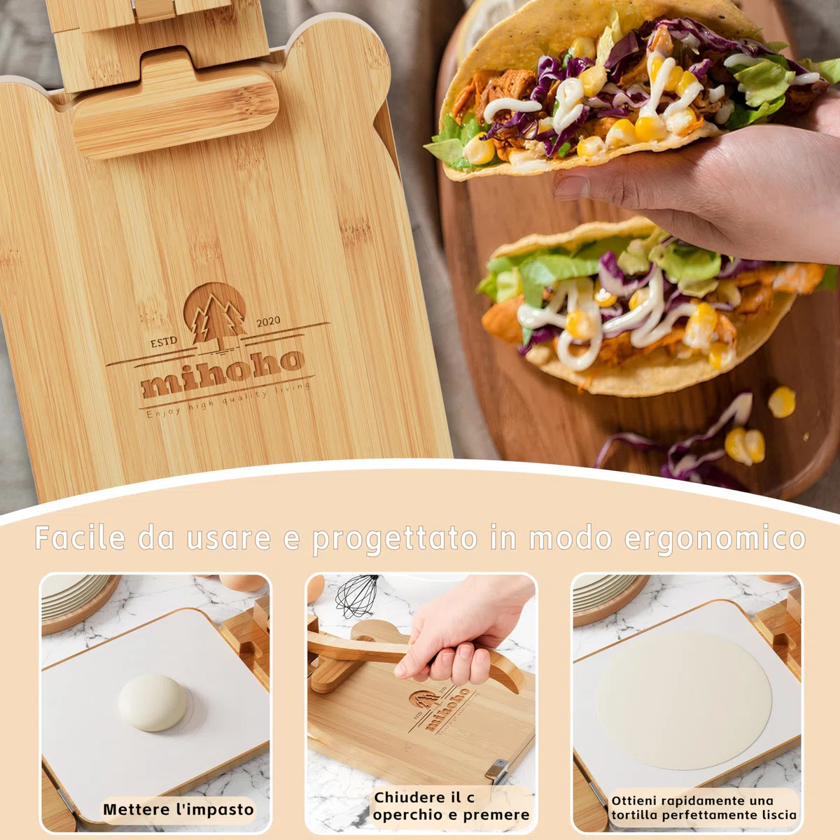Mihoho Pressa per Tortillas in bambù da 10 in, pressa per Tortillas Messicana, pressa per Tortillas di Farina Fatta in casa per Tortillas messicane, roti, Burrito, Taco pataconera (Faggio)
