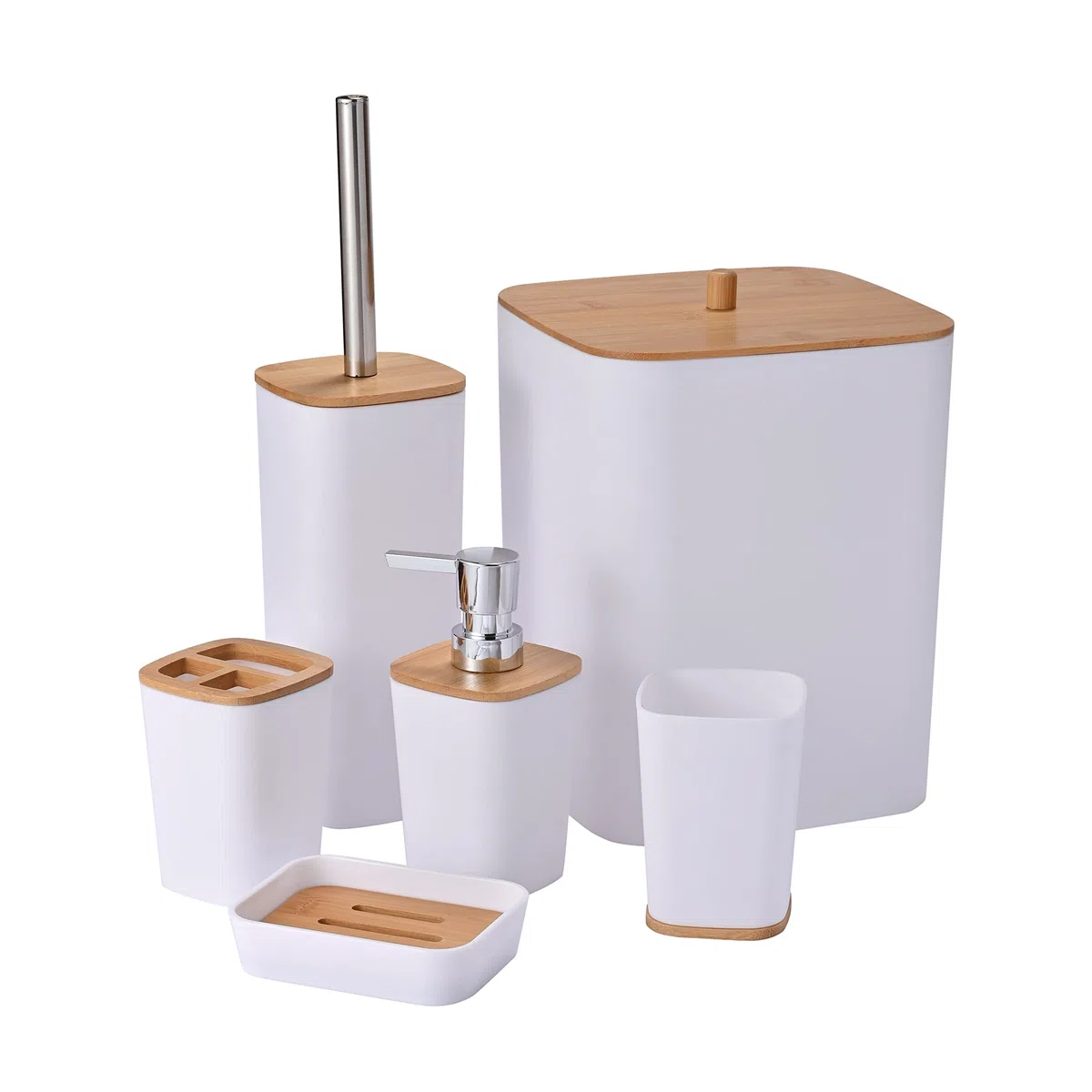 Yorkmills Set di Accessori da Bagno in Bambù, 6 Pezzi, Set di Accessori da Bagno, Set di Accessori per WC, Porta Scopino per WC, Resistente Portaspazzolino, Distributore di Sapone Con Pompa