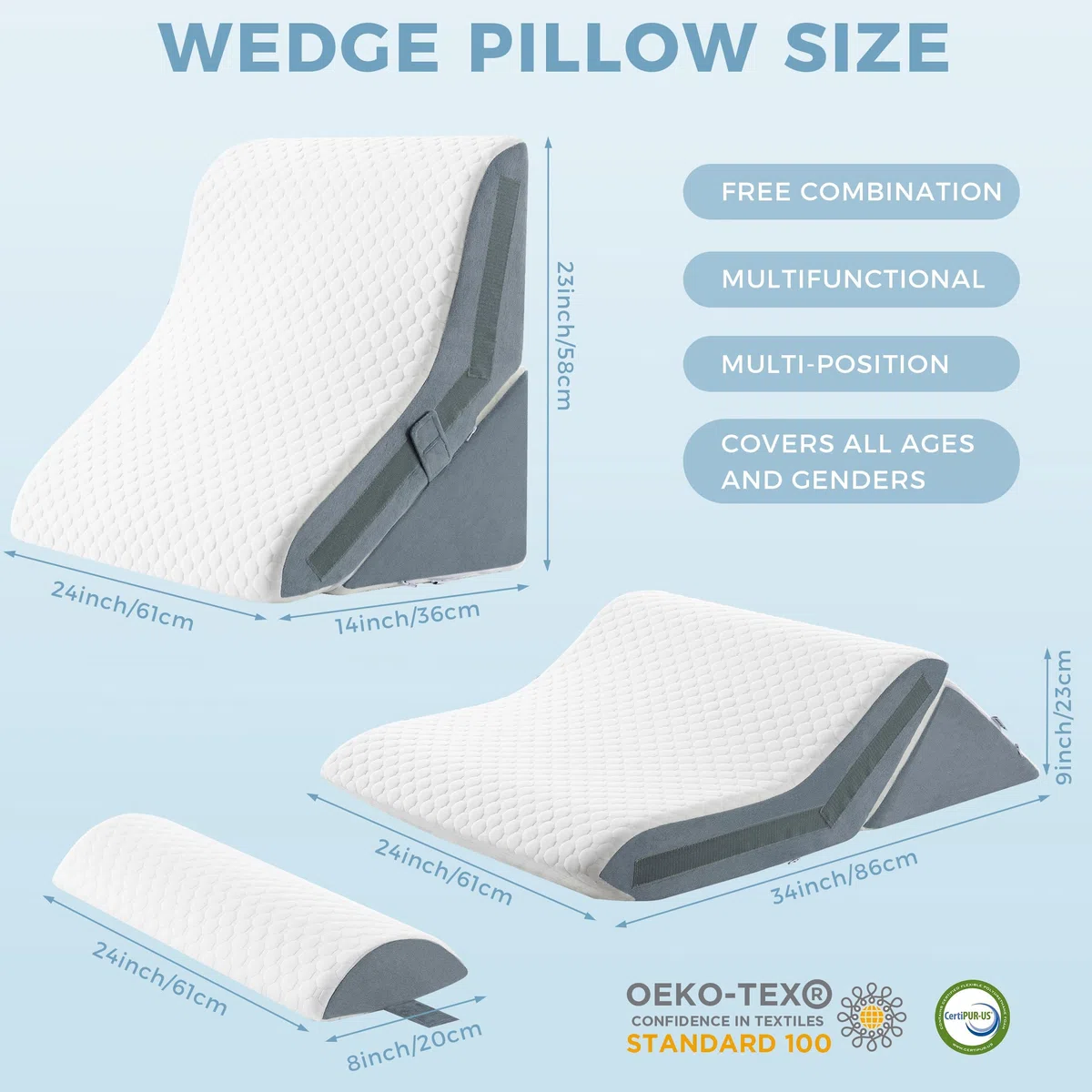 Cuscino a Cuneo 3-in-1 Ergonomico, Set Cuscino Triangolare Pieghevole in Memory Foam, Supporto Regolabile per Schiena e Gambe, Ideale per Lettura e Relax a Letto