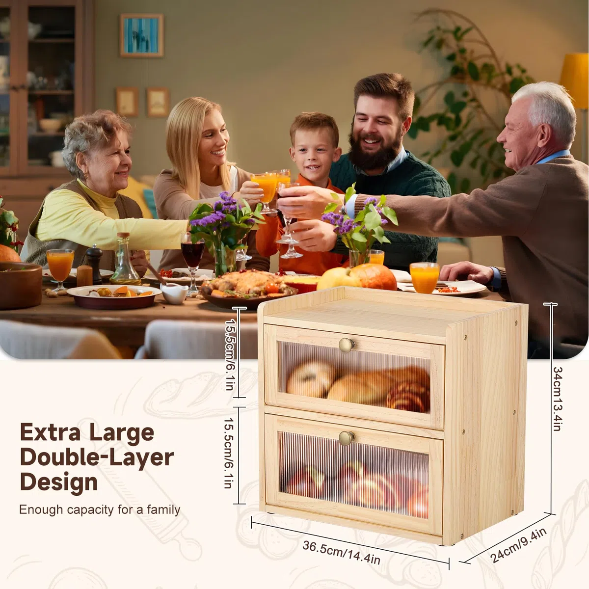 Contenitore per il Pane Doppio Strato per il Piano di Lavoro della Cucina, Portapane in Legno con Finestre, Scatola per Alimenti Secchi con Prese D'aria per Mantenere il Pane Fresco(Legno)