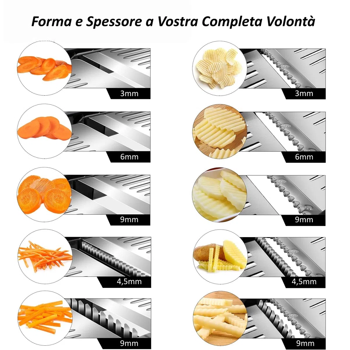 MASTERTOP Mandolina Cucina Regolabile in Inox, Mandoline Affettatrice Professionale con Lama Affilata Integrata, Mandolina Giapponese con Diversi Spessori per Affettare, Julienne e Cialdare