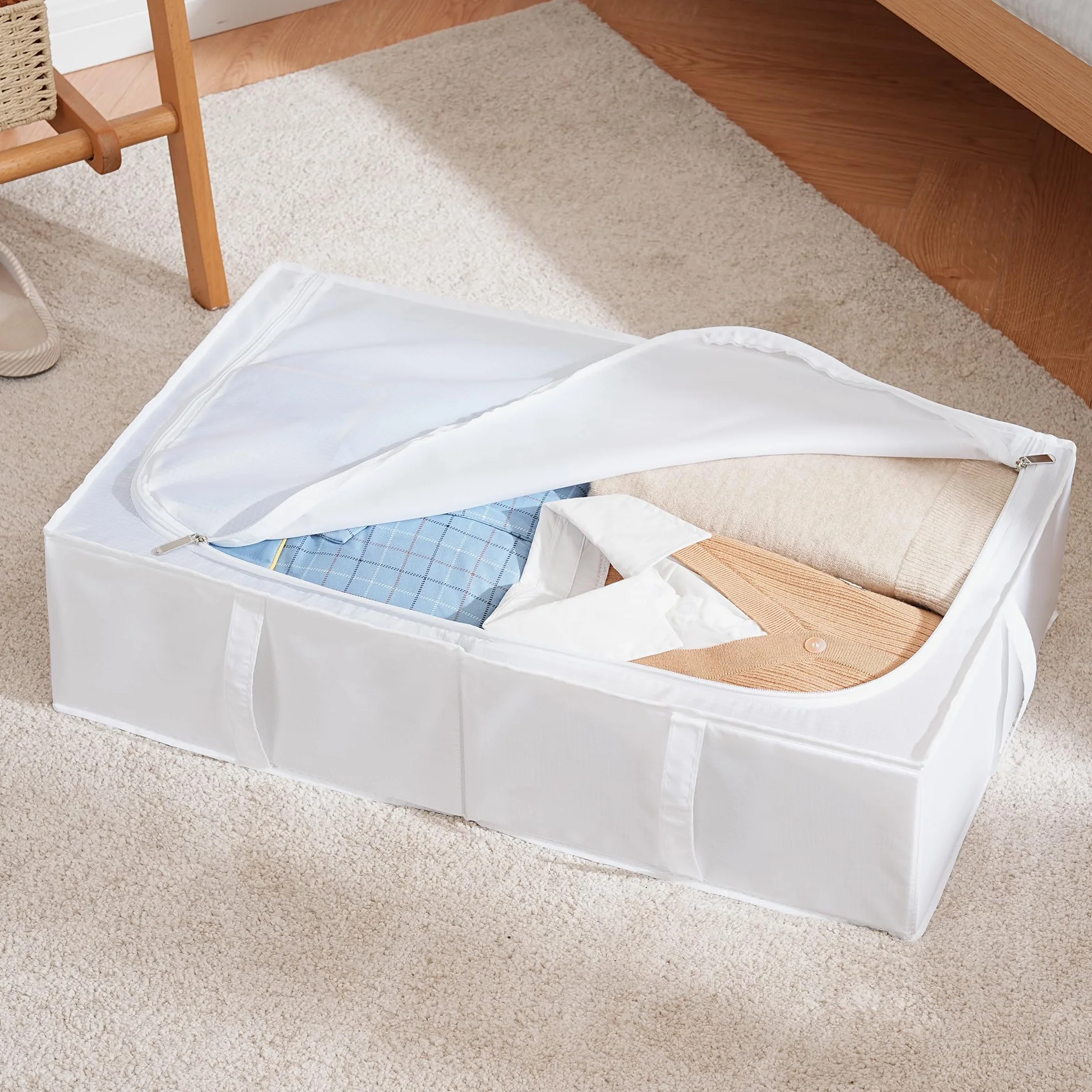 TYEERS Contenitori Sottoletto con Coperchio, Tessuto Durevole, Lavabile, Pieghevole, Scatole Portaoggetti per Vestiti, Coperte, Lenzuola, Scarpe, 70x42x18 cm, Confezione da 2, Bianco