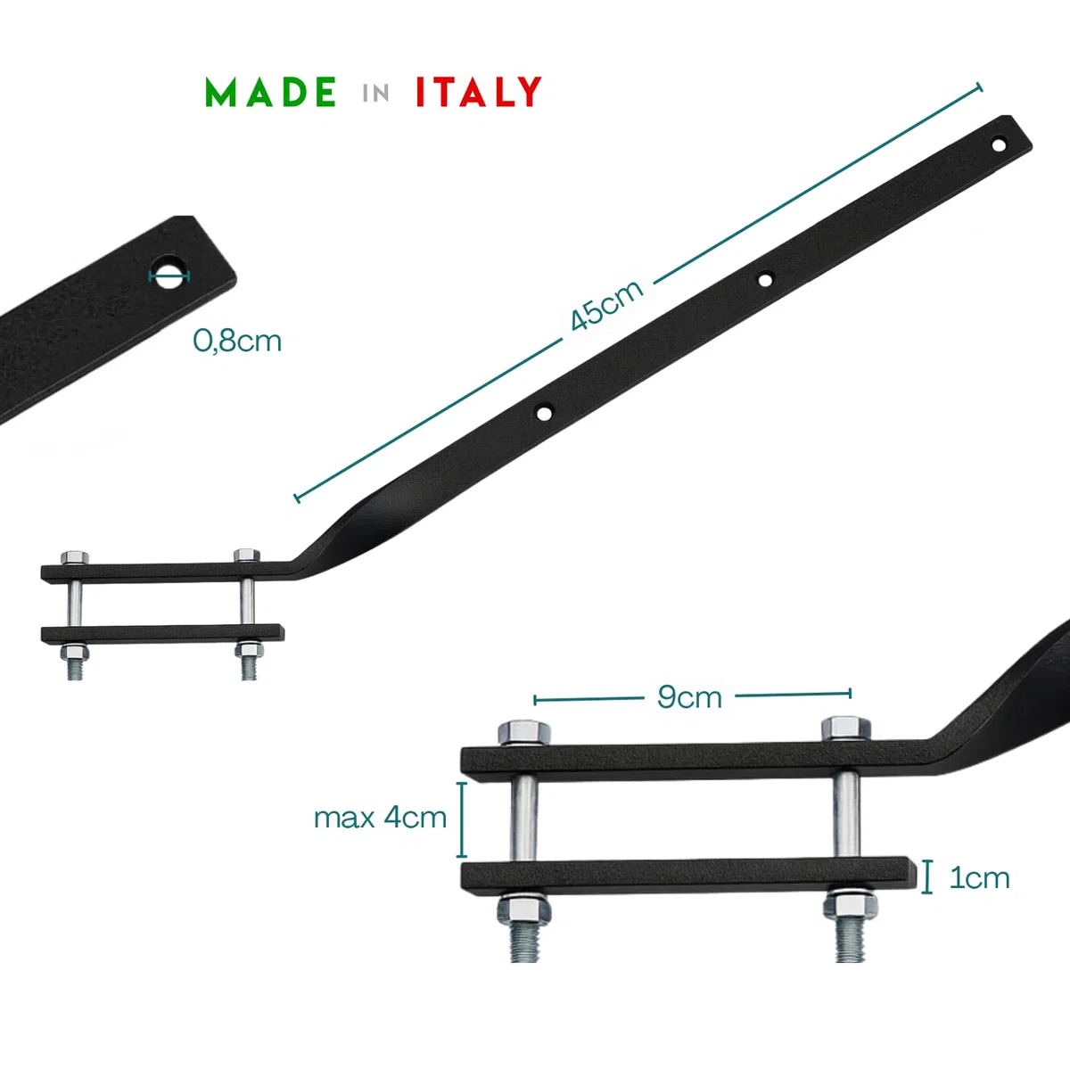 PALUPLUS Set 2 Bracci per Stendibiancheria da Balcone da 60 cm color Nero, Aste per ringhiere in ferro Verniciato con perni in acciaio e 3 Fori per i Cavi, Made in Italy -4088F -2,6