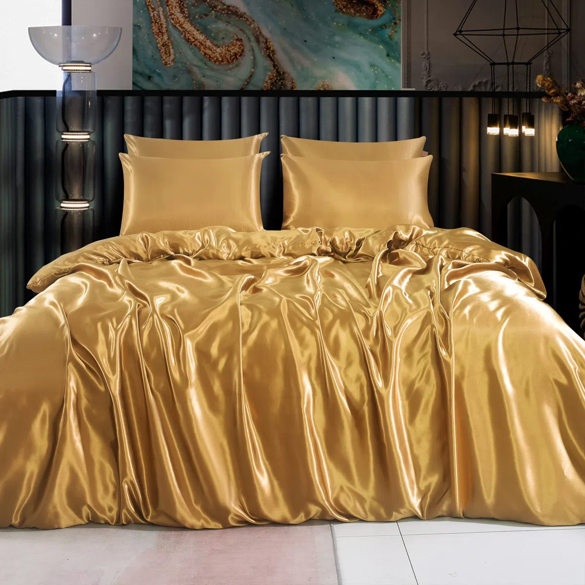 Set completo di biancheria da letto in raso di seta, 6 pezzi, lenzuolo con angoli, copripiumino, 4 federe. Colore: oro opaco. Dimensioni: matrimoniale