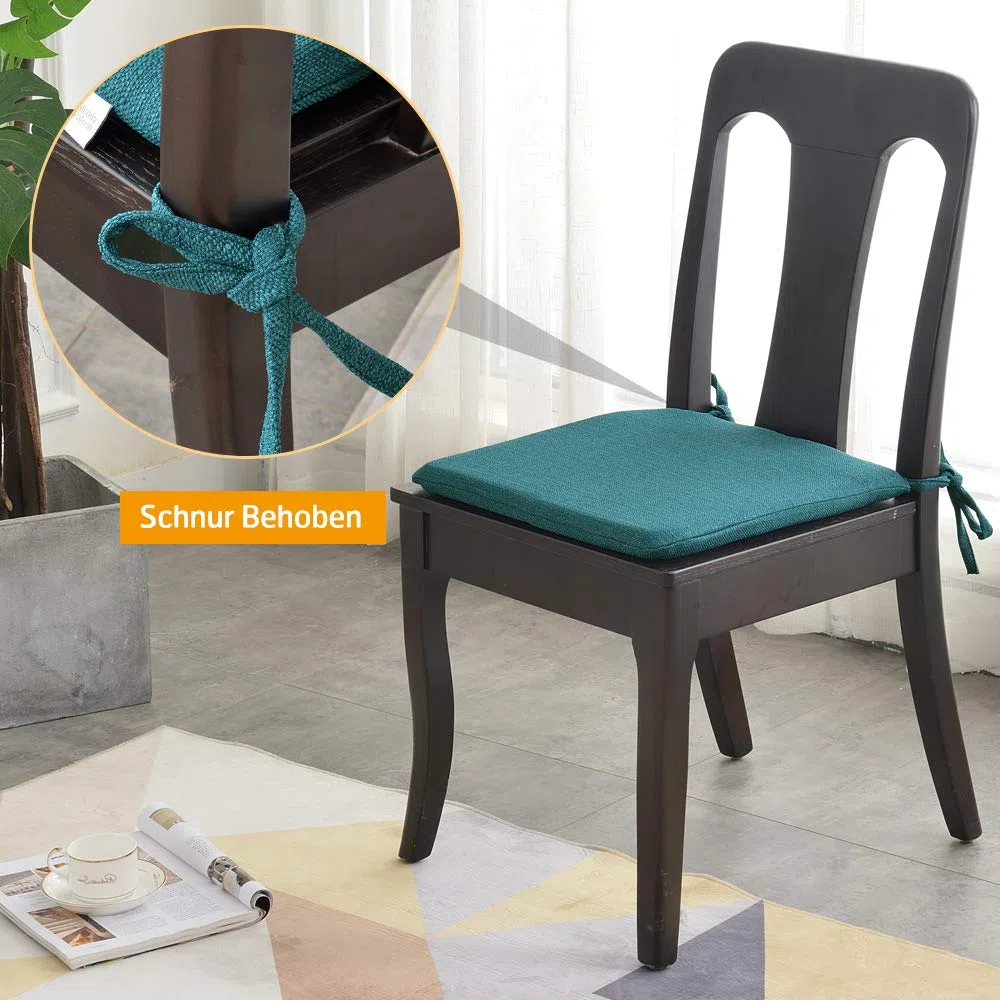 BALCONY & FALCON Cuscini per Sedie 2 Pezzi 41.5 x 38 cm - Rivestimento Estraibile e Lavabile in Lavatrice con Effetto Lino, Antiscivolo con Nastri - Ideali per Cucina Interni, Verde Petrolio