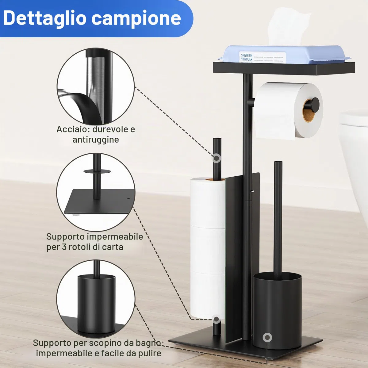 Porta carta igienica in acciaio inox con spazzola per WC – Porta carta igienica con scopino per WC con scatola per salviette umidificate e spazzola per WC, porta rotolo in piedi con ripiano in vetro