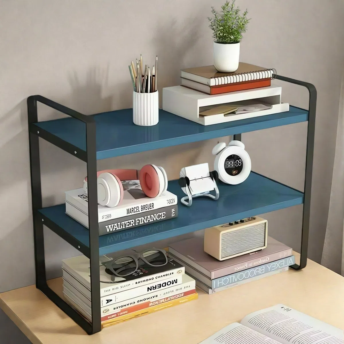 AUSHOPLAH Scaffale da scrivania in legno E01 (nero + blu)