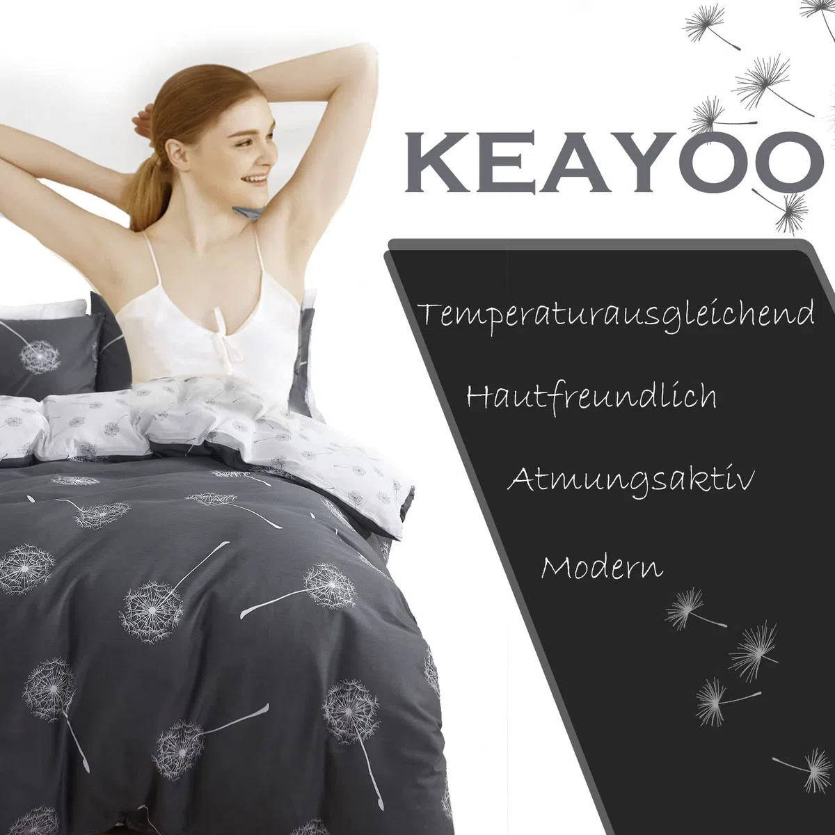 KEAYOO Biancheria da letto 155 x 220 cm, in cotone, per l'inverno fino all'estate, colore grigio, bianco, con motivo a leone, 100% cotone, Soft Touch con chiusura lampo, set da 2 pezzi