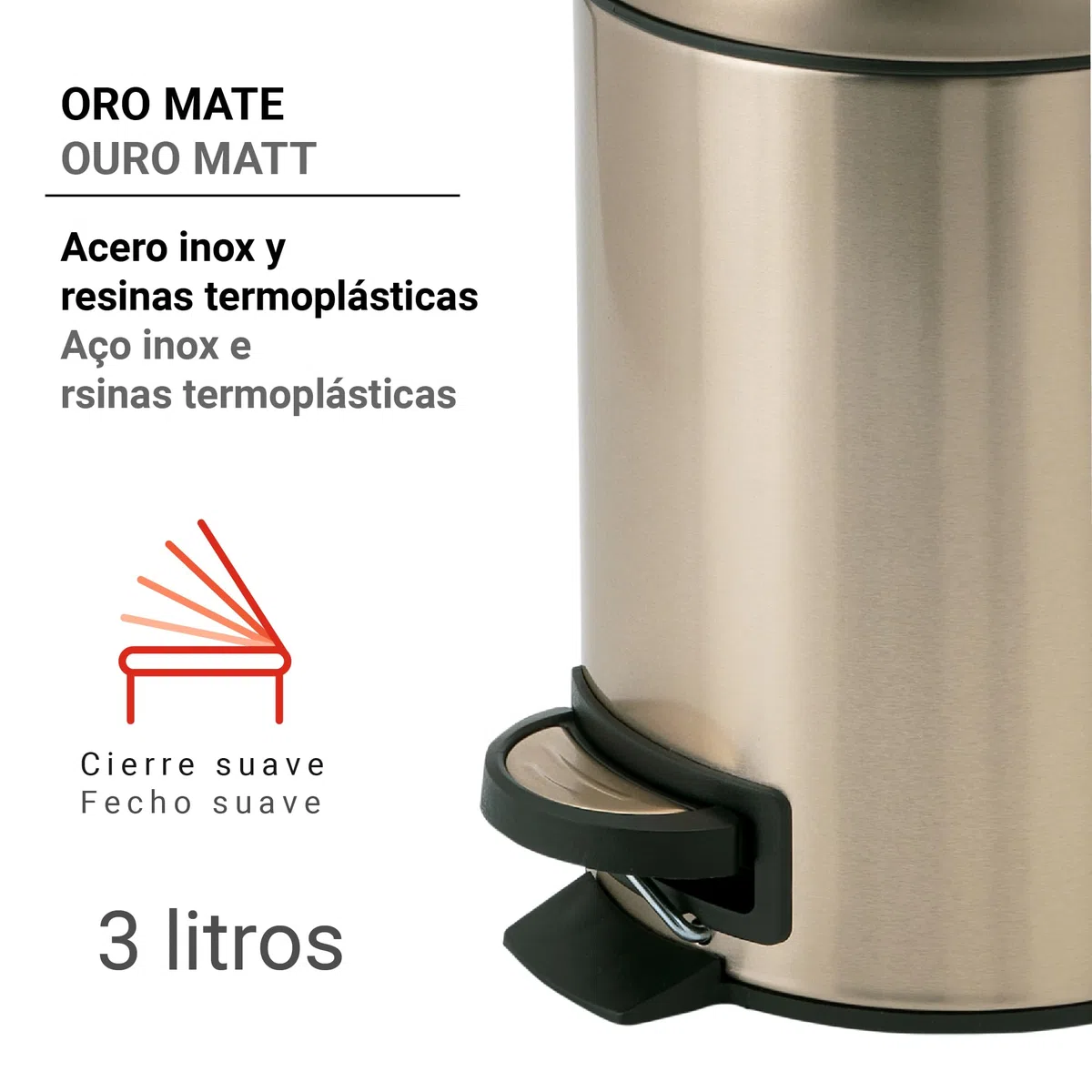 GEDY G-Potty pattumiera bagno oro 3 L, Misure: 25,1X17,4X22,6 CM, In acciaio inox e polipropilene, Cestino bagno con chiusura soft close, Cestino removibile, Design R&S Gedy, 2 anni di garanzia