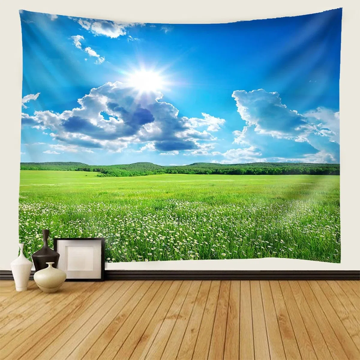 Homxi Arazzo Parete Camera da Letto 240 W x 220 H CM, Paesaggio di Prato e Sole, Poliestere Decorazione Parete, Blu Verde