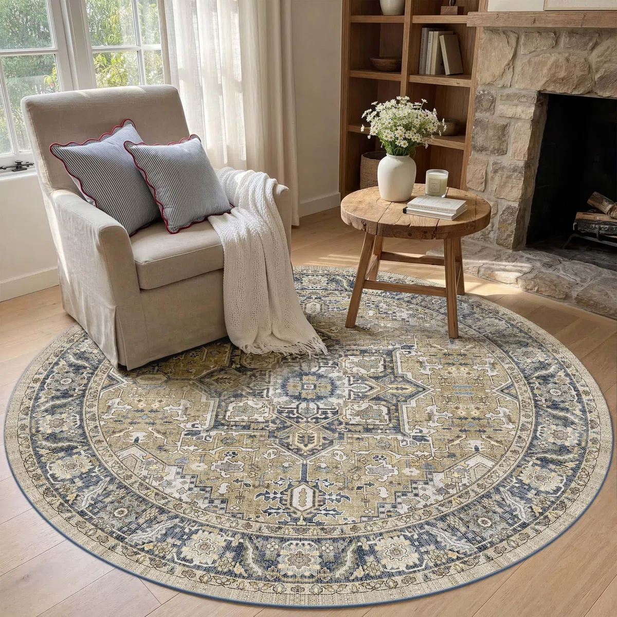 Kokia Round Vintage Orient Teppich 120 cm - Waschbarer Teppich mit Used-Look Medaillon Muster, Weich, Rutschfest, Fleckenfest, Flacher Flor, für Kinderzimmer, Leseecke, Terrasse, Blau