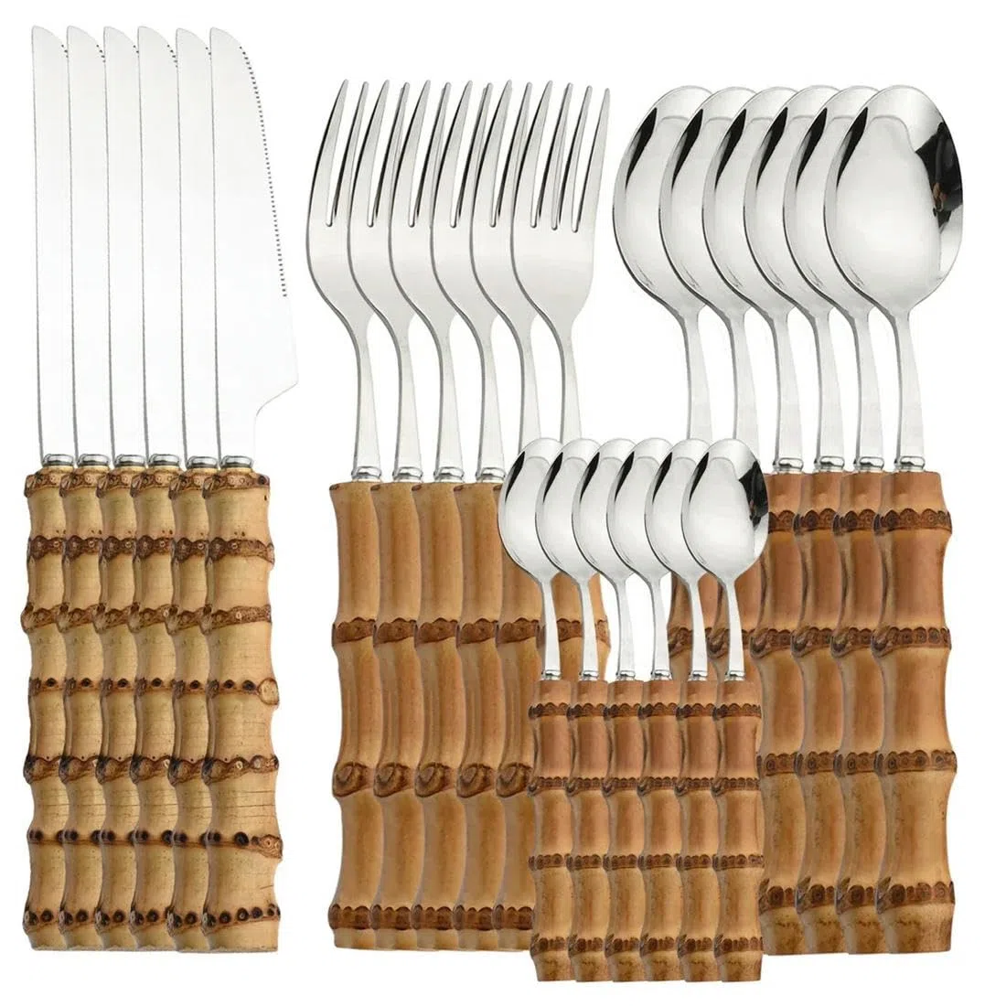 Set di stoviglie da 24 Pezzi Set di Posate in Acciaio Inossidabile con Manico in bambù Set di Posate Stoviglie Coltello da Bistecca Posate