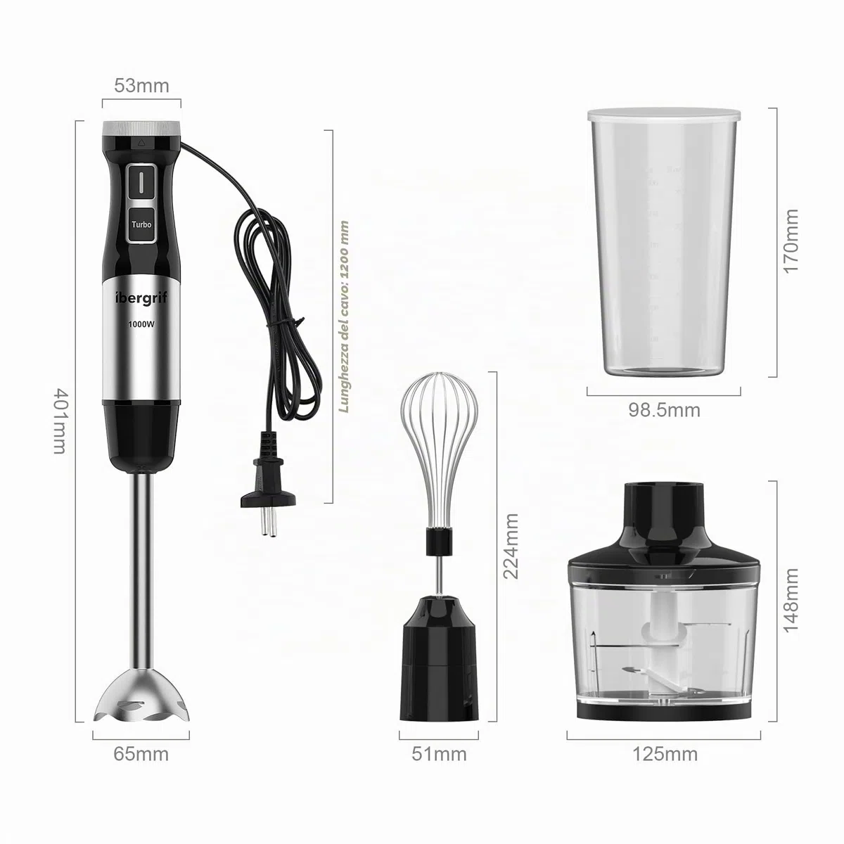 Ibergrif Frullatore a Immersione 1000W 4-in-1 in Acciaio Inox con Regolazione Continua della Velocità e Pulsante Turbo, Minipimer Immersione Set con Tritatutto 500ml, Bicchiere Dosatore 600ml, Frusta
