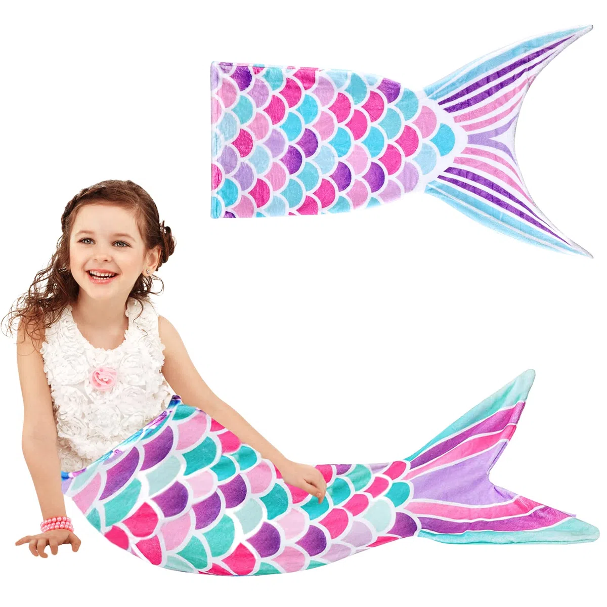 Vegena Coperta a forma di sirena, morbida coperta a forma di sirena, per ragazze, bambini, regalo di compleanno, 145 x 50 cm (blu+rosa)