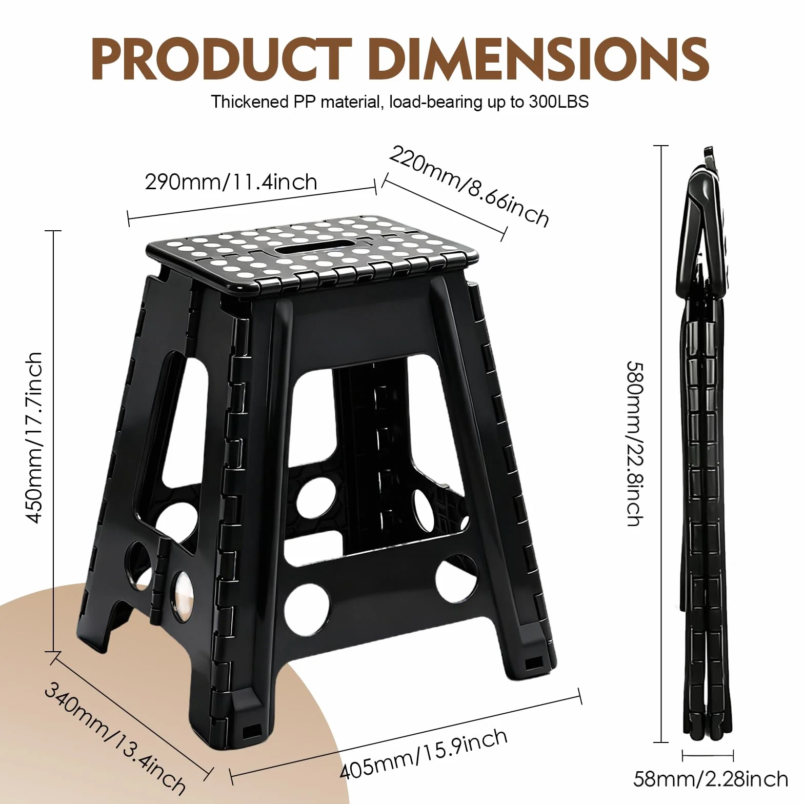 Sgabello Scalino Pieghevole Portatile - Altezza 45 cm - Portata Fino a 150 kg - Con Maniglia per il Trasporto - Stabile per Cucina, Bagno, Camera dei Bambini, Ingresso e Campeggio - Nero