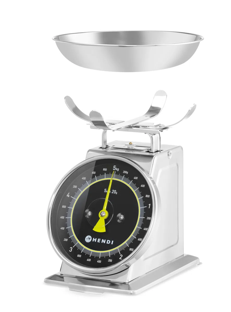 HENDI Bilancia da cucina meccanica – Quadrante analogico – Capacità 5kg, Gradazione 20g – 207x231x(H)254mm – Acciaio inox