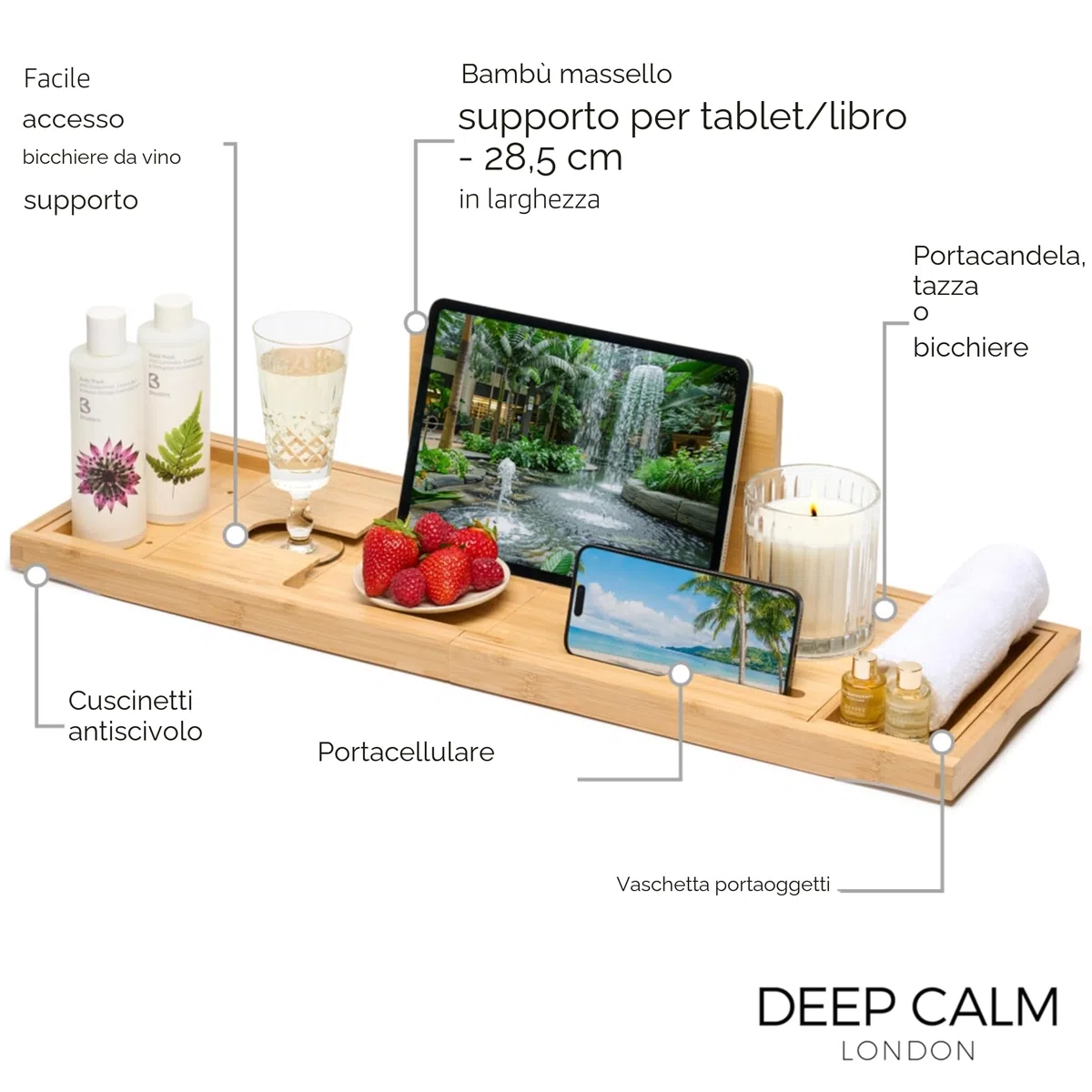 Deep Calm Vassoio vasca da bagno, in bambù, antiscivolo, si adatta alla maggior parte delle dimensioni del bagno, accessorio da bagno di lusso che può contenere iPad, telefono, bicchiere, candela