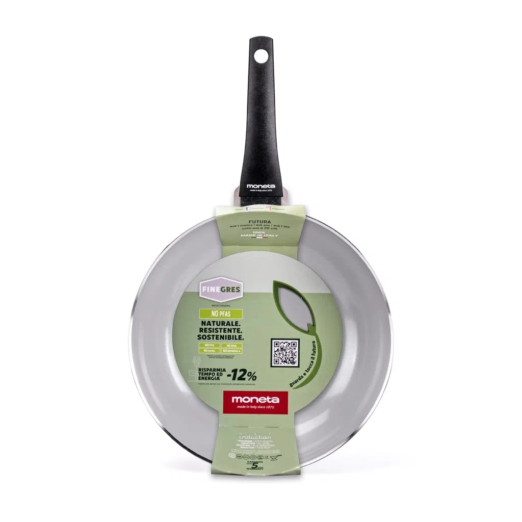 Moneta Futura Wok 28cm, rivestimento naturale FineGres (NO PFAS), anche per induzione. 100% Made in Italy