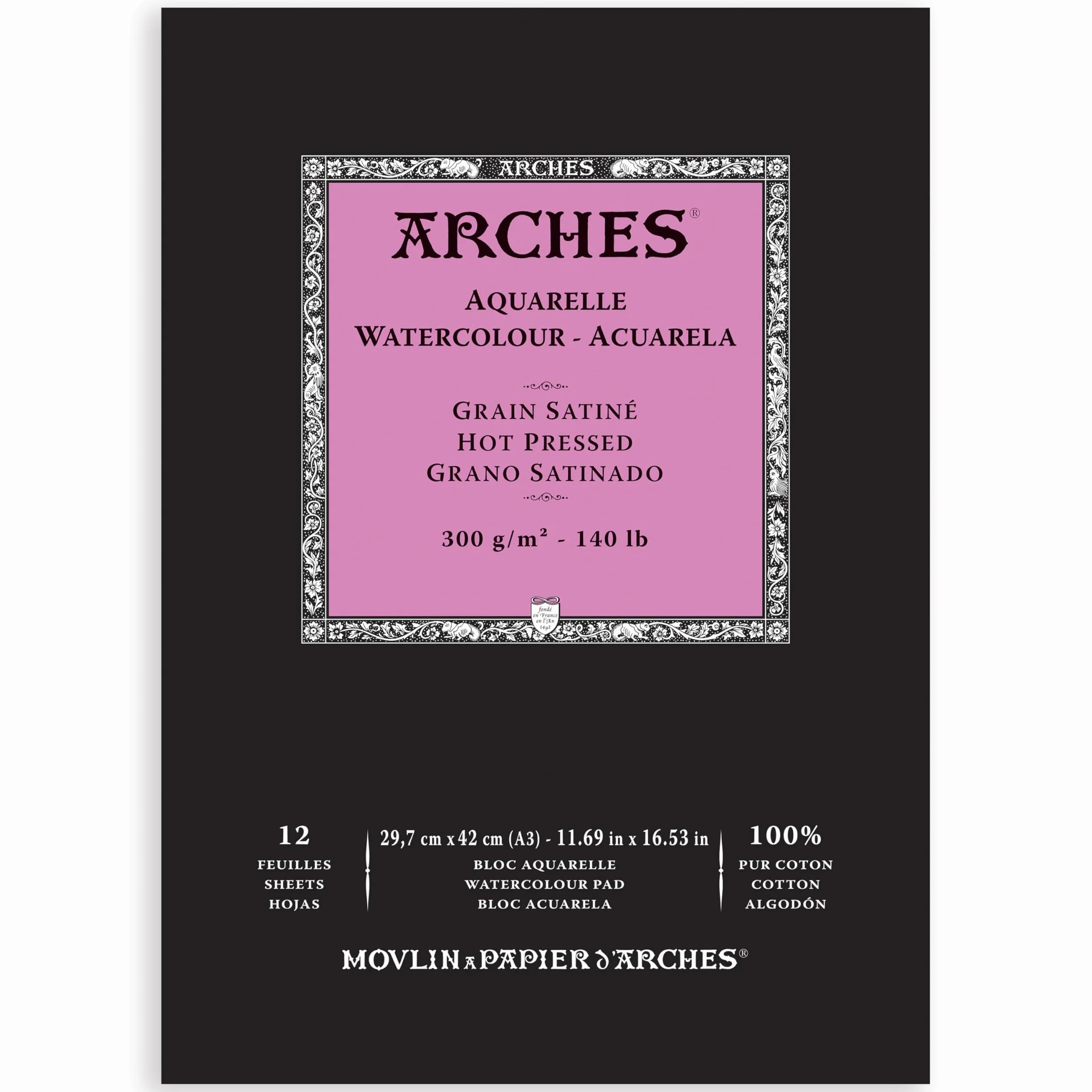 Arches Aquarelle 100% Satin 300 g Blocco incollato A3 12 Fogli Bianco Naturale, Colore, A1795099