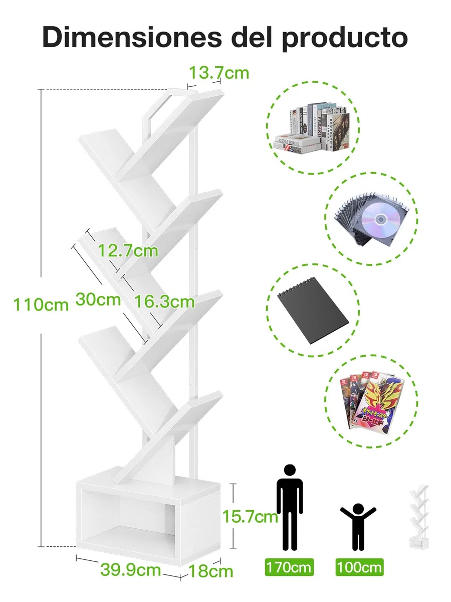 Coleshome Libreria ad Albero, Scaffale a 6 Ripiani con Divisori, Scaffale Legno Adatto per Soggiorni e Camere da Letto, Bianco