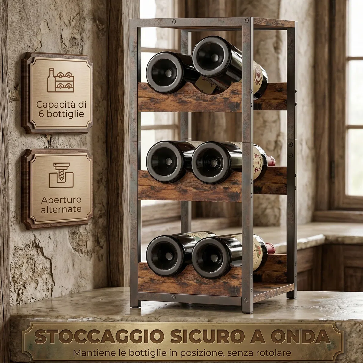 HOMCOM Portabottiglie Vino per 6 Bottiglie con Scaffali Ondulati, Porta Bottiglie di Vino Design Industriale, Piedini Regolabili per Cucina Soggiorno, Marrone Rustico