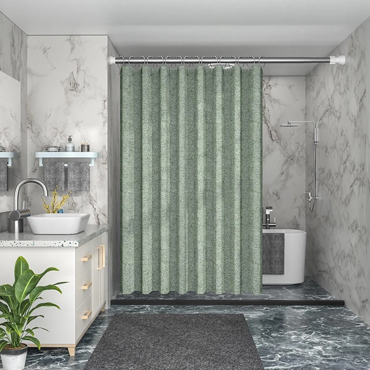 Tende da Bagno 240x200CM, Tenda Finestra Doccia Impermeabile Lavabili Poliestere con Ganci Motivo Lino Imitazione Tinta Unita Tenda per Bagno per Casa Hotel, Verde