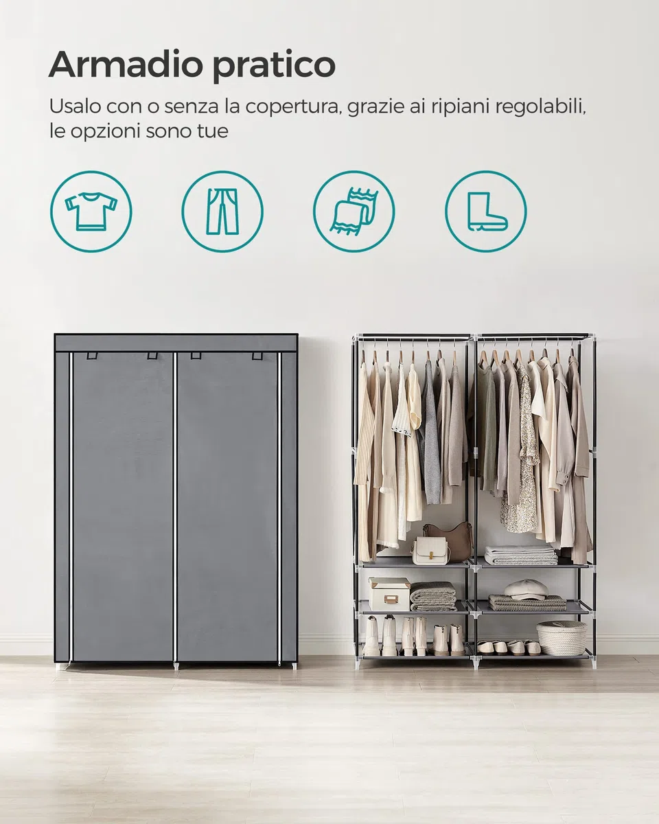SONGMICS Armadio in Tessuto, Armadio Portatile, 45 x 127 x 176 cm, 2 Barre Appendiabiti, Ripiani, e 4 Tasche Laterali, Grande Capacitàper Camera da Letto, Soggiorno, Grigio RYG008G02