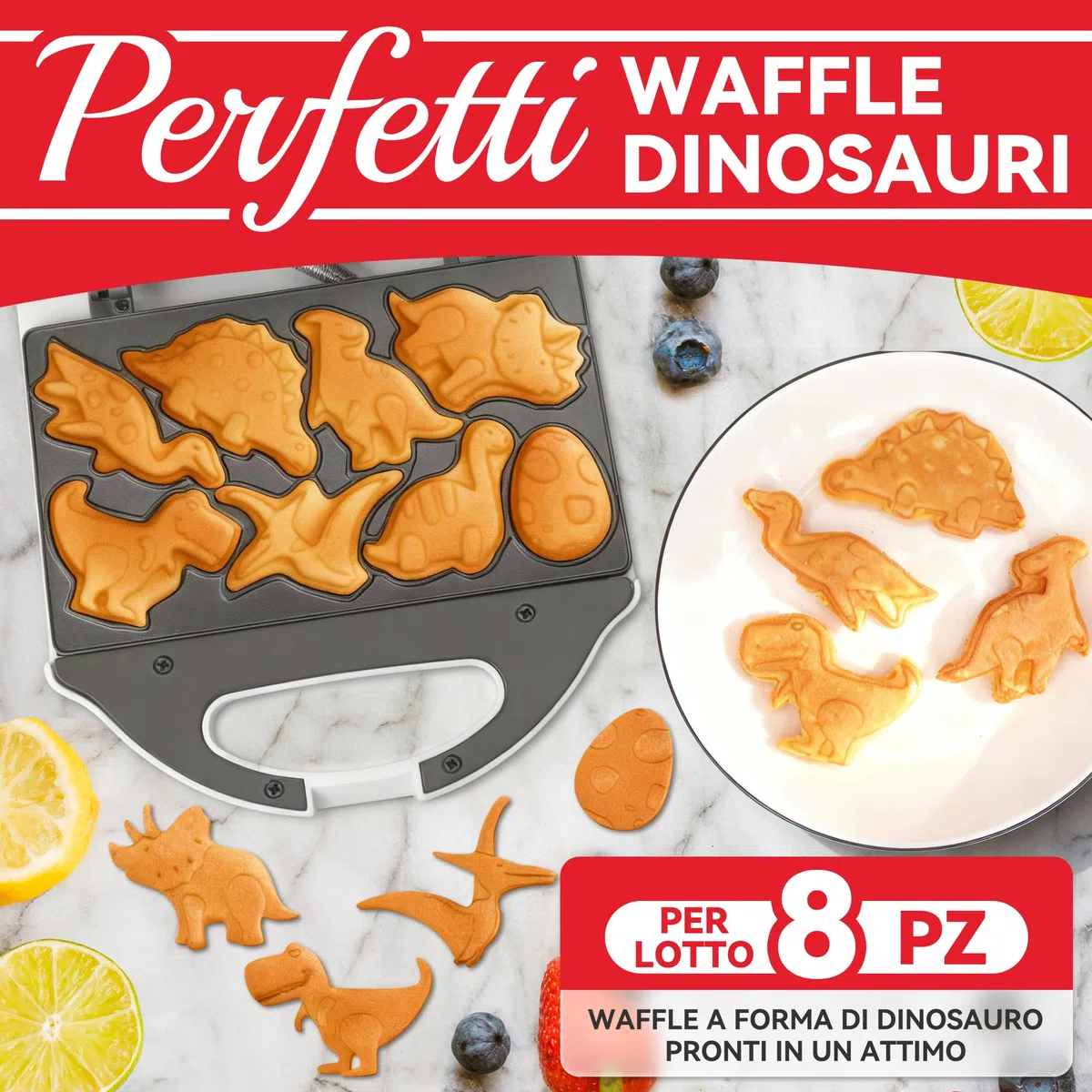 SugarWhisk Mini Piastra Waffle, Piastra Per Waffle, Mini Waffle Maker Con 8 Motivi Di Dinosauri, Amato Dai Bambini, Bianco